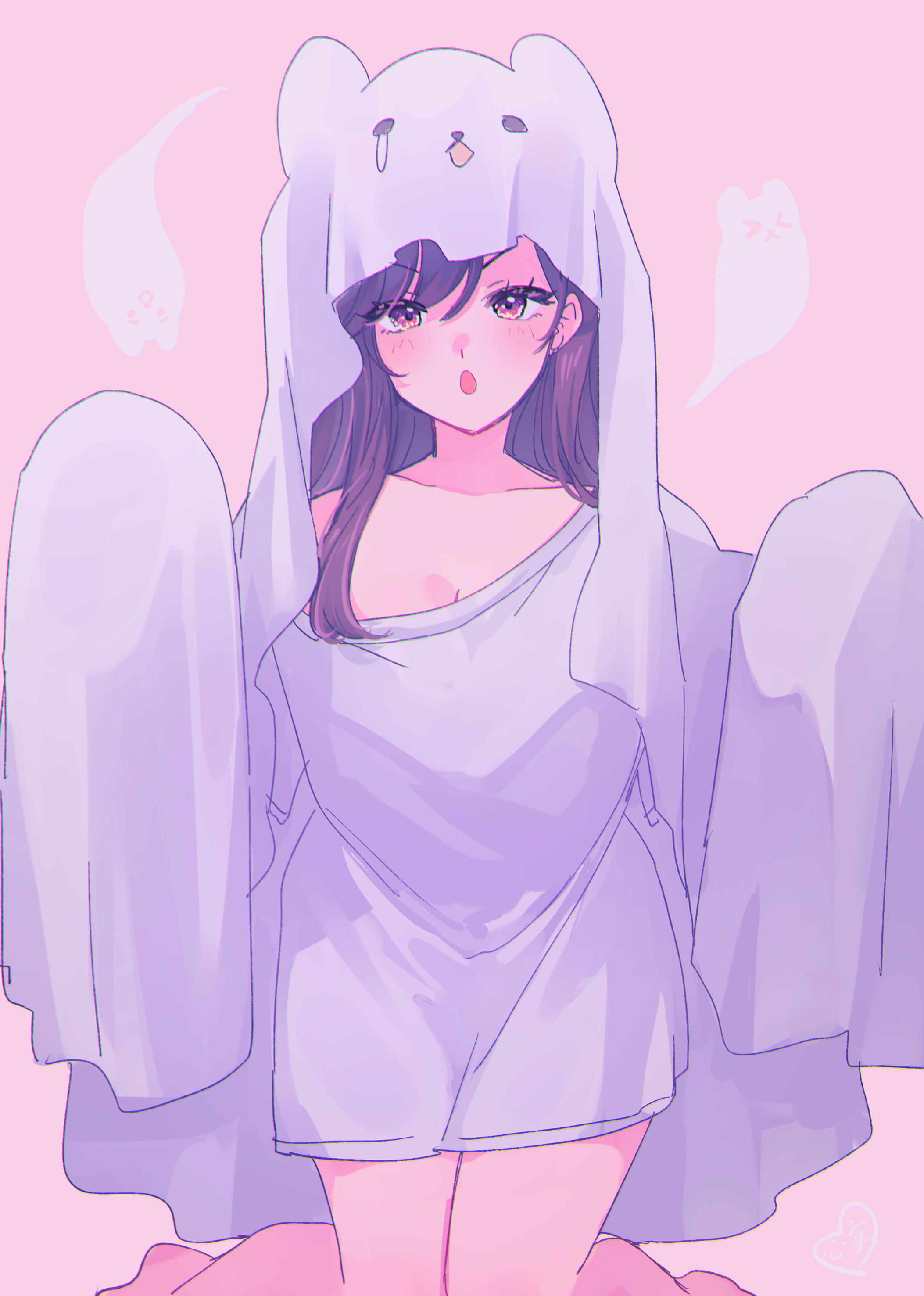 kokomi (aniesuakkaman), indie virtual youtuber, absurdres, highres, 1girl, breasts, brown eyes, brown hair, ghost, ghost costume, hair between eyes, kneeling, kokomi (vtuber), large breasts, long hair, looking at viewer, open mouth, purple background, solo, virtual youtuber