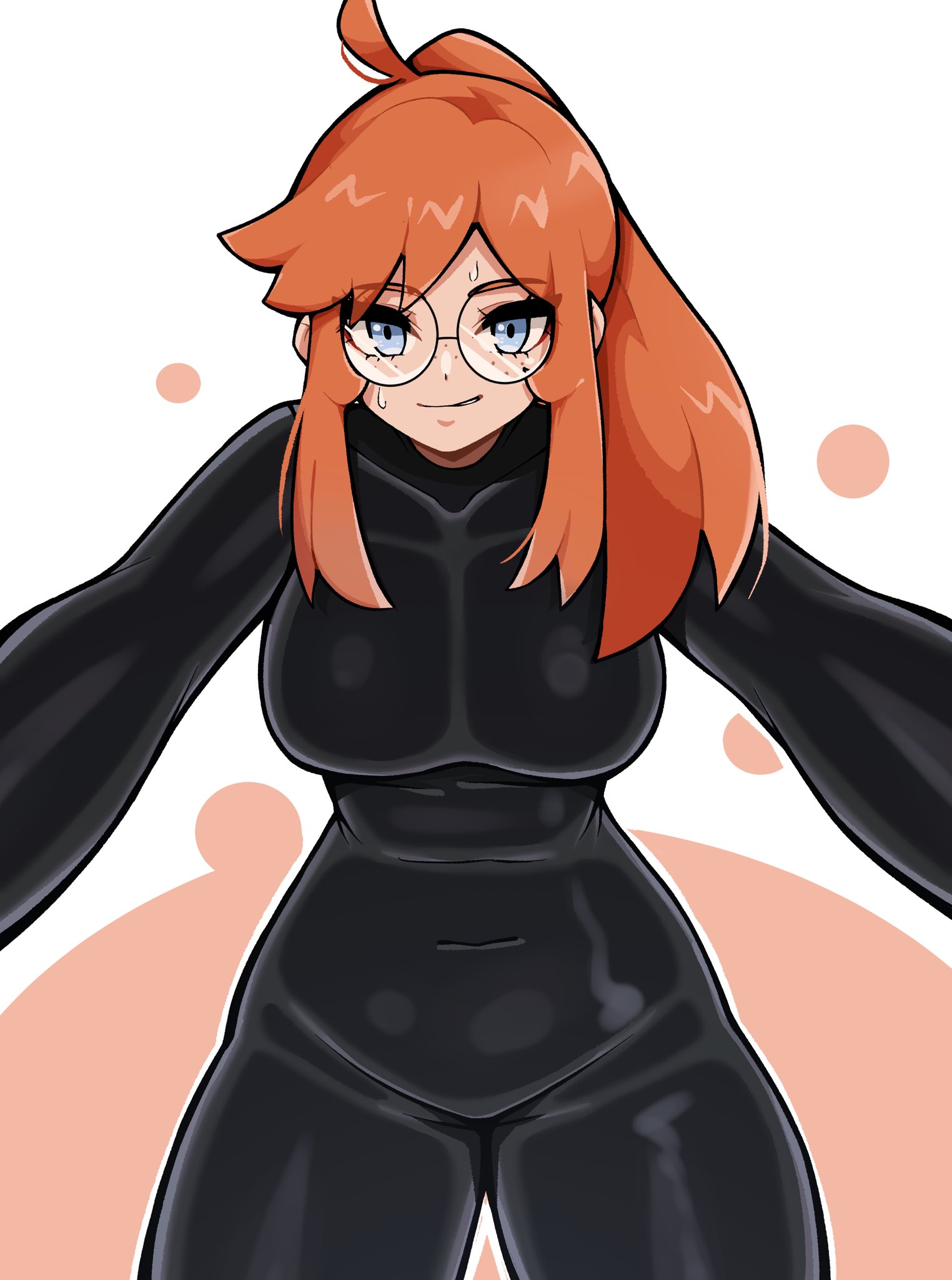 oninuer, original, commentary, commission, english commentary, highres, 1girl, ahoge, black bodysuit, blue eyes, bodysuit, breasts, cowboy shot, freckles, glasses, large breasts, long hair, looking at viewer, orange hair, parted bangs, parted lips, round eyewear, smile, solo, sweat, tight clothes