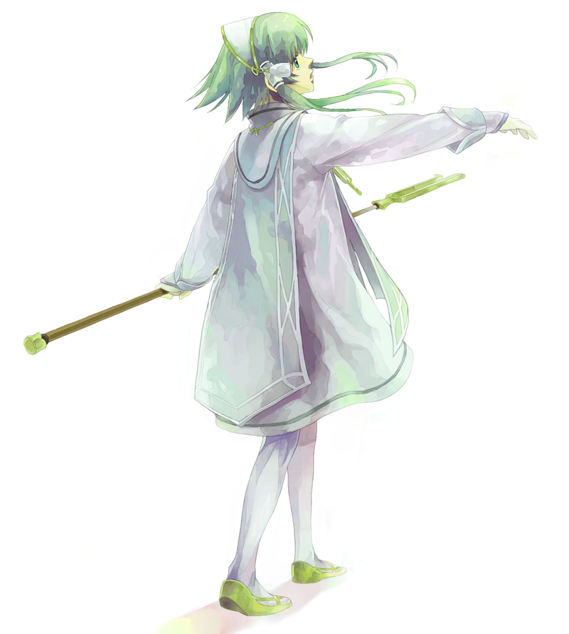 heysho, ion (tales), tales of (series), tales of the abyss, bad id, bad pixiv id, 00s, 1boy, green eyes, green hair, hair tubes, male focus, matching hair/eyes, pantyhose, short hair with long locks, solo, staff