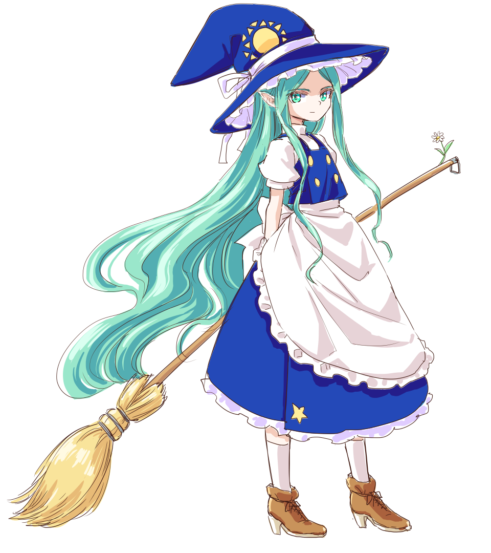 s-a-murai, kirisame marisa, mima (touhou), touhou, touhou (pc-98), 1girl, alternate costume, apron, blue hat, blue skirt, blue vest, boots, broom, brown boots, closed mouth, cosplay, floating hair, flower, frilled apron, frills, green eyes, green hair, hat, high heel boots, high heels, holding, holding broom, kirisame marisa (cosplay), kneehighs, long hair, looking at viewer, mima (touhou) (living), petticoat, pointy ears, puffy short sleeves, puffy sleeves, ribbon, short sleeves, simple background, skirt, socks, star (symbol), star print, sun print, very long hair, vest, white background, white flower, white ribbon, white socks, witch, witch hat