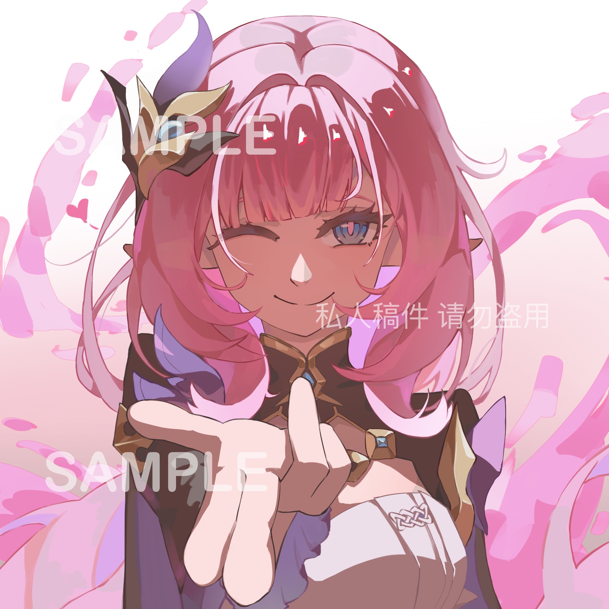 elysia (honkai impact), elysia (miss pink elf) (honkai impact), honkai (series), honkai impact 3rd, commentary, english commentary, highres, 1girl, ;), blue eyes, breasts, corset, elf, hair ornament, large breasts, lemonacid, long hair, looking at viewer, one eye closed, pink hair, pointy ears, sample watermark, shrug (clothing), smile, solo, upper body, watermark, white corset