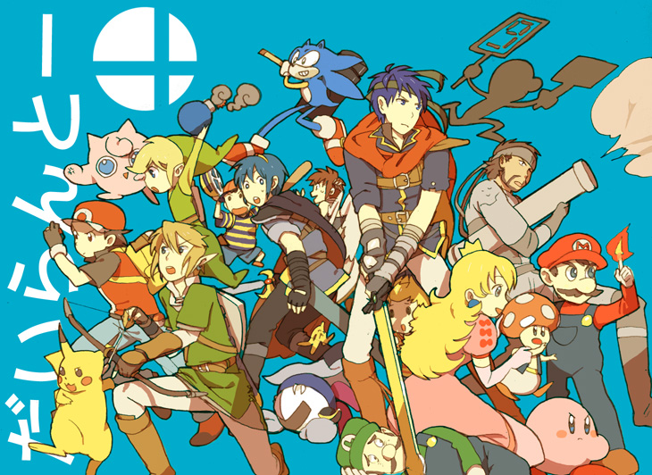 ike (fire emblem), jigglypuff, kirby, link, lucas (mother 3), luigi, mario, marth (fire emblem), meta knight, mr. game & watch, ness (mother 2), pikachu, pit (kid icarus), princess peach, solid snake, sonic the hedgehog, toon link, fire emblem, fire emblem: mystery of the emblem, fire emblem: path of radiance, game & watch, kid icarus, kirby (series), mario (series), metal gear (series), metal gear solid, mother (series), mother 2, mother 3, nintendo, pokemon, sonic (series), super mario bros. 1, super smash bros., the legend of zelda, 1girl, 6+boys, bat (animal), blonde hair, blue eyes, blue hair, bomb, bow (weapon), brown hair, cape, child, crown, explosive, gen 1 pokemon, gloves, hammer, hat, headband, m1 bazooka, mask, multiple boys, pokemon (creature), rocket launcher, shield, shield on back, simple background, smile, sword, tiara, weapon