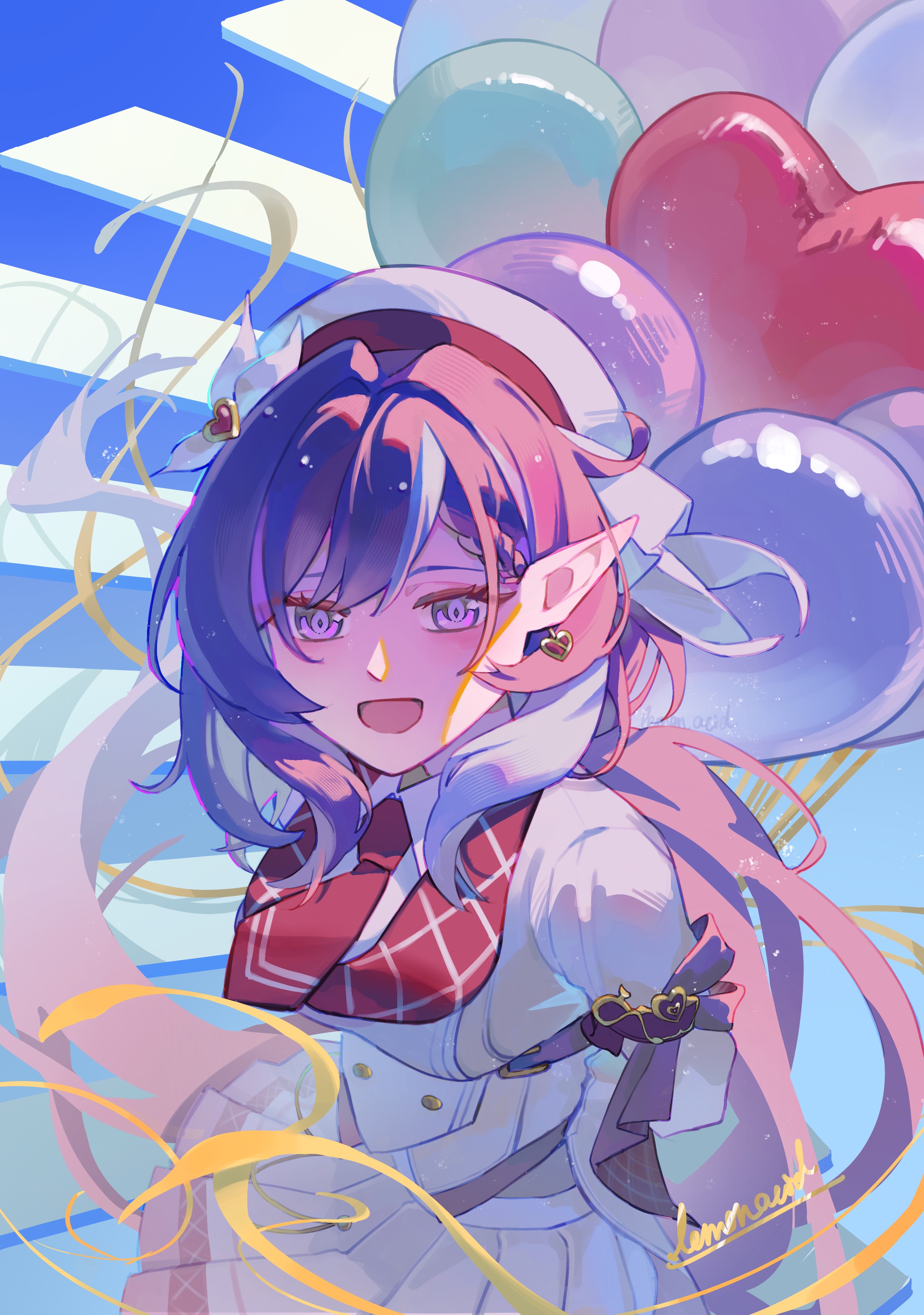 elysia (hi love elf) (honkai impact), elysia (honkai impact), honkai (series), honkai impact 3rd, absurdres, commentary, highres, symbol-only commentary, 1girl, artist name, balloon, beret, breasts, dress, earrings, elf, hat, heart, heart balloon, heart earrings, jewelry, large breasts, lemonacid, long hair, looking at viewer, open mouth, pink hair, pointy ears, purple eyes, shirt, skirt, smile, solo, very long hair, white dress, white shirt, white skirt