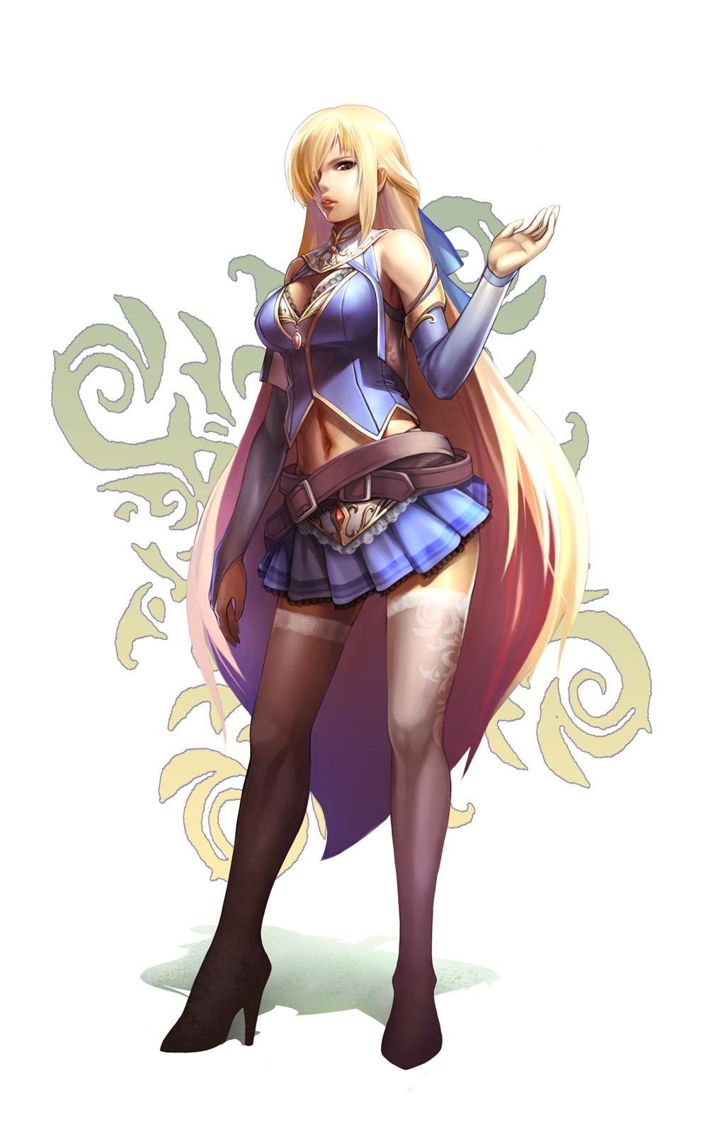 dominic, original, highres, 1girl, blonde hair, breasts, brown eyes, female focus, full body, hair over one eye, long hair, navel, solo, thighhighs, very long hair, zettai ryouiki