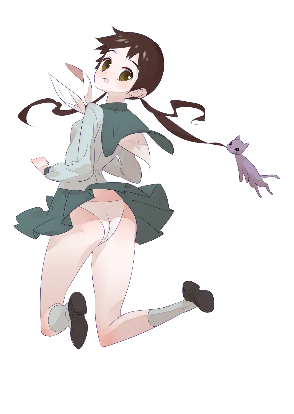 tensugi takashi, bad id, bad pixiv id, highres, 1girl, :o, animal, ass, brown eyes, brown hair, cat, clothes lift, female focus, from behind, full body, jumping, long hair, looking back, miniskirt, open mouth, panties, pantyshot, pleated skirt, school uniform, shoes, simple background, skirt, skirt lift, socks, solo, twintails, underwear, white panties, wind, wind lift