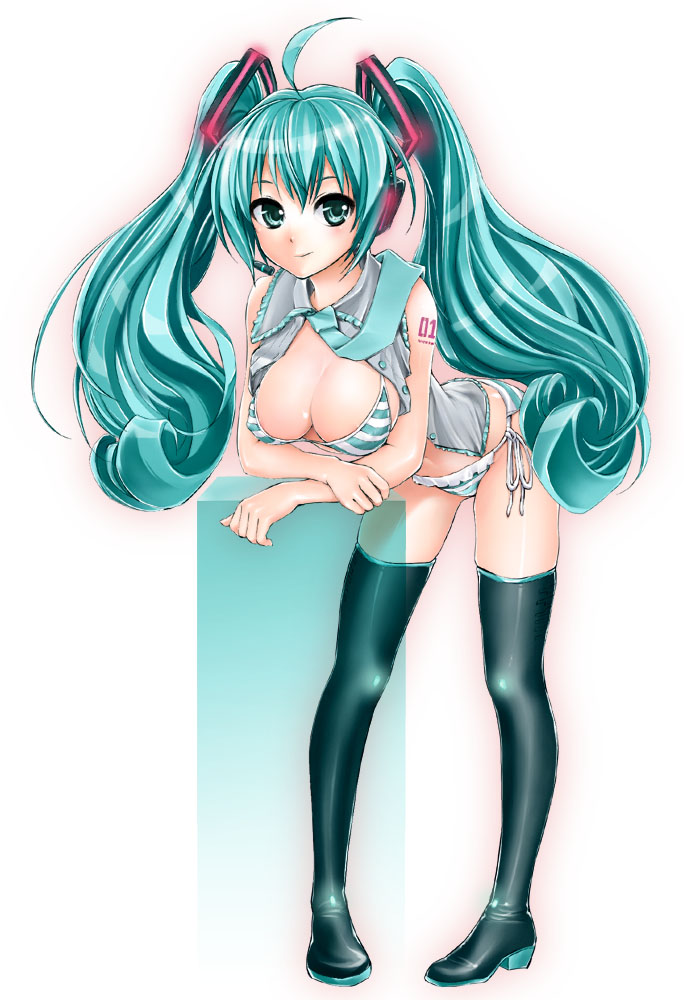maruyama, hatsune miku, vocaloid, 1girl, bent over, bikini, blue eyes, blue hair, breasts, cleavage, female focus, large breasts, legs, long hair, matching hair/eyes, necktie, side-tie bikini bottom, smile, solo, striped bikini, striped clothes, swimsuit, thighhighs, twintails