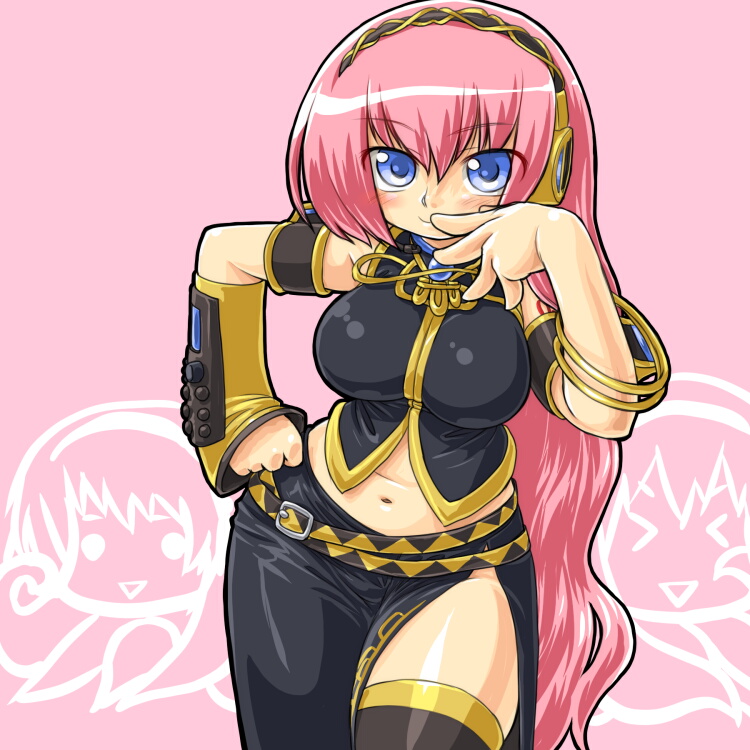 dd (ijigendd), megurine luka, takoluka, vocaloid, bad id, bad pixiv id, 1girl, bangle, belt, blue eyes, blush, bracelet, breasts, female focus, headphones, jewelry, legs, long hair, long skirt, midriff, pink hair, side slit, skirt, solo, thighhighs