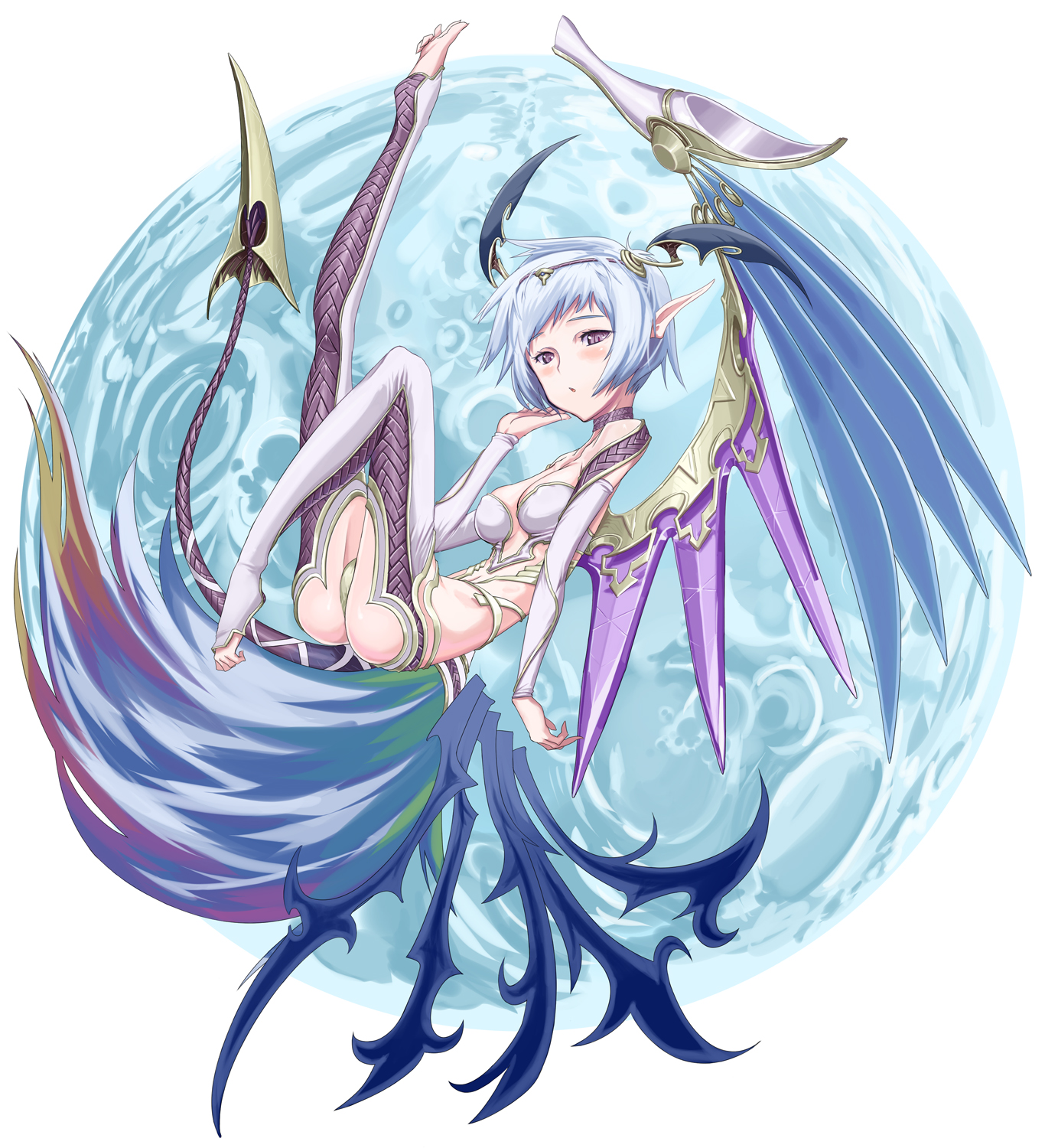 sessue, silver hair, bad id, bad pixiv id, highres, ass, backless pants, blush, breasts, feet, head wings, large breasts, pants, pointy ears, purple eyes, short hair, skinny, solo, tail, toes, wings