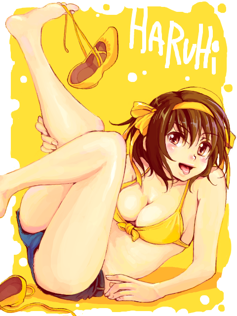 cika, suzumiya haruhi, suzumiya haruhi no yuuutsu, bad id, bad pixiv id, 00s, 1girl, barefoot, bikini, bikini top only, blush, breasts, brown eyes, brown hair, cleavage, denim, denim shorts, feet, female focus, hairband, legs, shoe dangle, shoes, short hair, short shorts, shorts, solo, swimsuit, yellow bikini