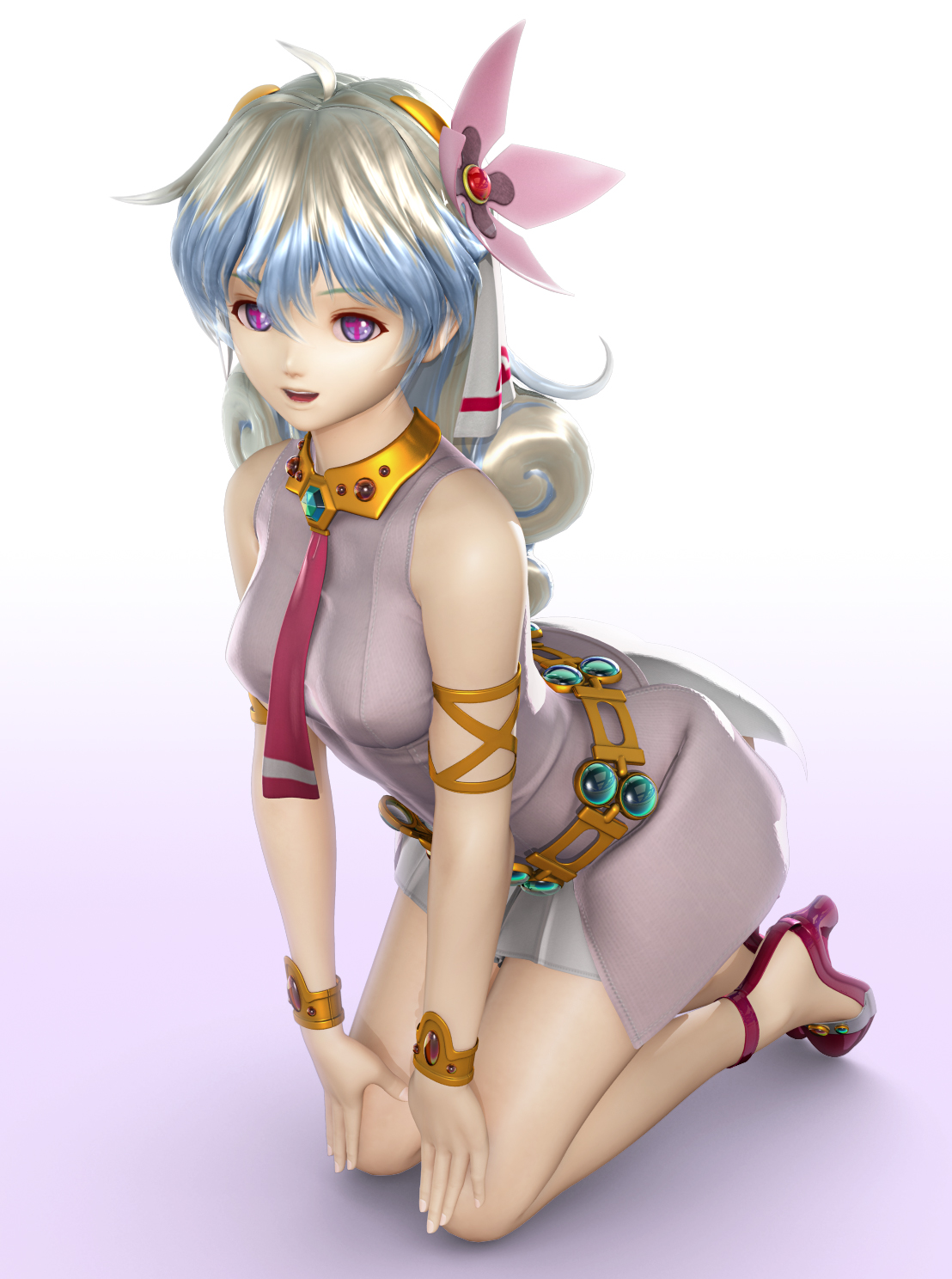 kanzeon, nia teppelin, tengen toppa gurren lagann, silver hair, highres, + +, 00s, 1girl, 3d, ahoge, armlet, blue hair, bracelet, dress, female focus, flower, hair flower, hair ornament, high heels, hime cut, jewelry, kneeling, long hair, miniskirt, multicolored hair, necktie, open mouth, pink dress, pink skirt, purple eyes, shoes, simple background, skirt, sleeveless, solo, two-tone hair