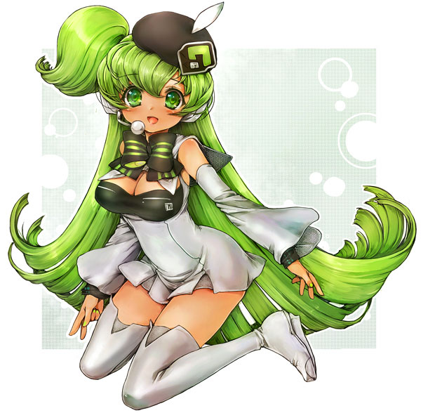 kiro (an kilo), kiro (pixiv), macne nana, apple inc., macne series, 1girl, blush, breasts, cleavage, detached sleeves, female focus, green eyes, green hair, hat, large breasts, long hair, macintosh, matching hair/eyes, solo, thighhighs, very long hair, zettai ryouiki