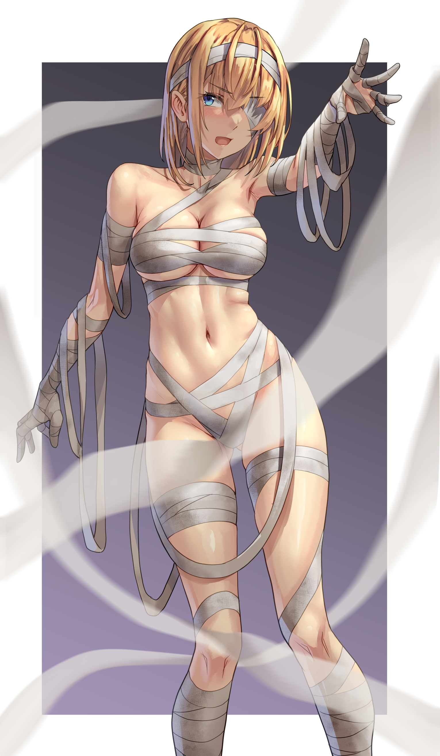 kokuzou, rodney (kancolle), kantai collection, absurdres, commentary request, highres, 1girl, bandages, blonde hair, blue eyes, breasts, halloween costume, large breasts, looking at viewer, mummy costume, naked bandage, navel, one eye covered, open mouth, outstretched arm, short hair, simple background, solo