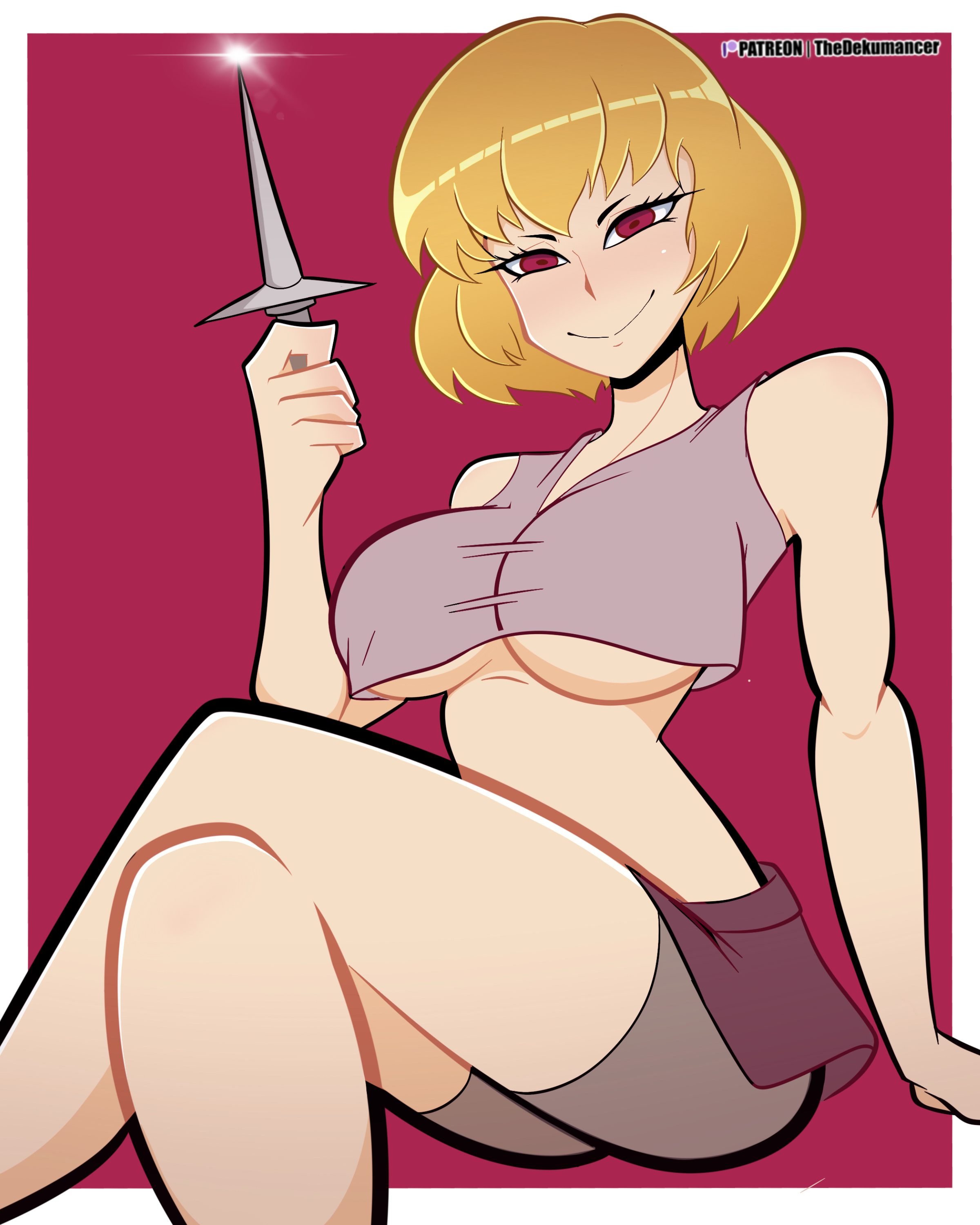 clementine (overlord), overlord (maruyama), absurdres, highres, 1girl, blonde hair, breasts, dekumancer, knife, red background, red eyes, solo