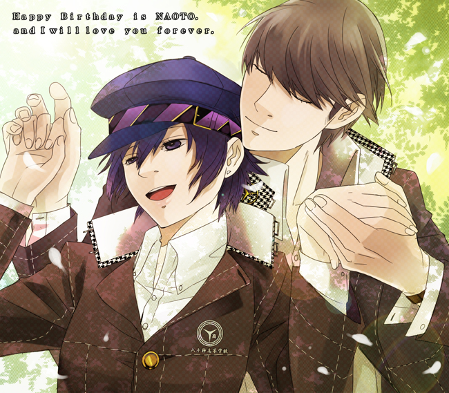 kazuki (kazu-king), narukami yu, shirogane naoto, atlus, persona, persona 4, bad id, bad pixiv id, 1boy, 1girl, androgynous, birthday, blue eyes, blue hair, closed eyes, couple, grey hair, hand grab, happy, hat, hetero, holding hands, newsboy cap, reverse trap, school uniform, short hair, smile