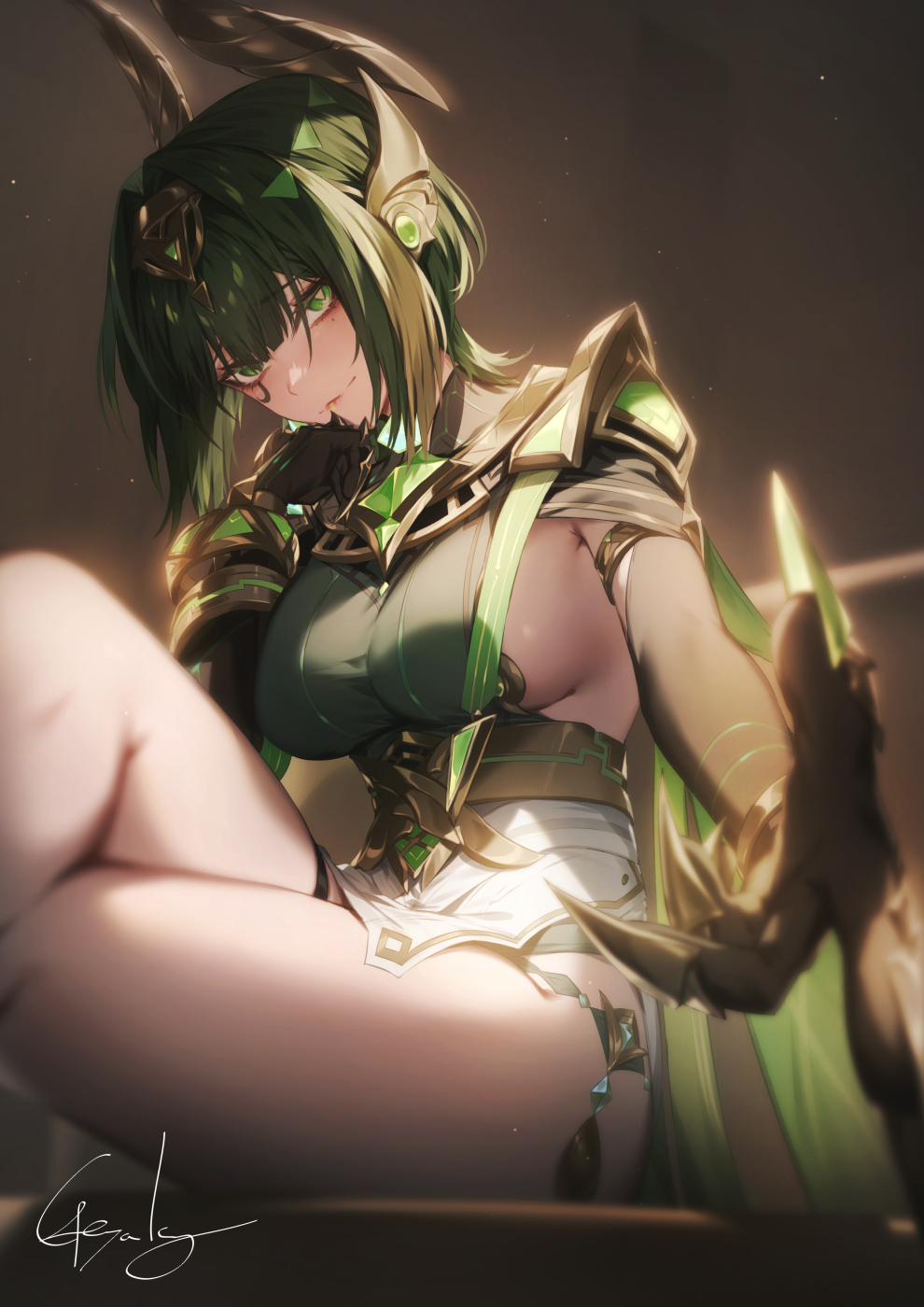 genyaky, nefer (genshin impact), genshin impact, highres, 1girl, black gloves, breasts, claws, closed mouth, crossed legs, elbow gloves, gloves, green eyes, green hair, headpiece, large breasts, looking at viewer, mark under eye, short hair, sideboob, signature, simple background, sitting, smile, solo, thighs