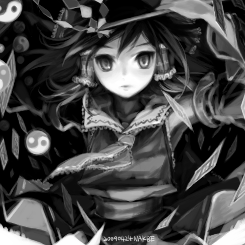 nakbe, hakurei reimu, touhou, bad id, bad pixiv id, lowres, 00s, 1girl, 2009, armpits, black theme, clothes lift, dated, detached sleeves, female focus, floating, floating object, frills, gohei, greyscale, hair tubes, japanese clothes, miko, monochrome, necktie, ofuda, oonusa, signature, skirt, skirt lift, solo, wind, yin yang