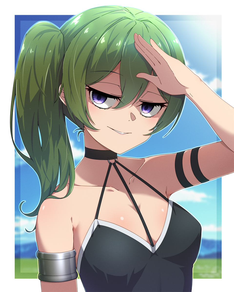 necono (nekonosora1207), ubel (sousou no frieren), sousou no frieren, commentary request, highres, 1girl, arm strap, armlet, bare shoulders, black choker, blue sky, border, breasts, choker, collarbone, green hair, grin, jewelry, looking at viewer, outside border, purple eyes, shading eyes, side ponytail, sky, small breasts, smile, solo, upper body, white border