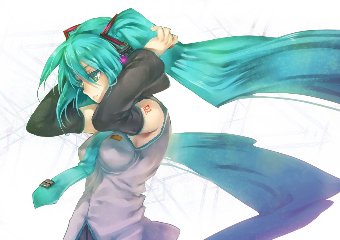 komeo, tenkuu sphere, hatsune miku, vocaloid, bad id, bad pixiv id, detached sleeves, green eyes, green hair, headphones, long hair, necktie, solo, twintails, very long hair