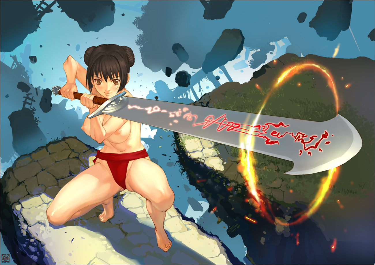 ariverkao, original, 1girl, barefoot, breasts, brown eyes, brown hair, donut hair bun, double bun, feet, female focus, foreshortening, fundoshi, hair bun, huge weapon, japanese clothes, large breasts, legs, nipples, on one knee, solo, sword, topless female, weapon
