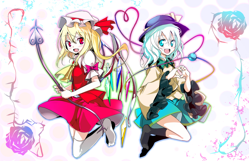 oouso, flandre scarlet, komeiji koishi, touhou, bad id, bad pixiv id, 2girls, aqua eyes, blonde hair, blue eyes, fang, female focus, flower, green eyes, hat, heart, jumping, laughing, long hair, miniskirt, multiple girls, open mouth, red eyes, ribbon, short hair, skirt, smile, socks, thighhighs, third eye, vest, white hair, white thighhighs, wide sleeves, wings, zettai ryouiki
