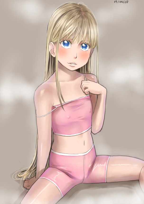 zenkou, sofia (zenkou), original, 1girl, bike shorts, blonde hair, blue eyes, blush, child, covered erect nipples, dated, female focus, flat chest, long hair, midriff, navel, solo, strapless, tube top