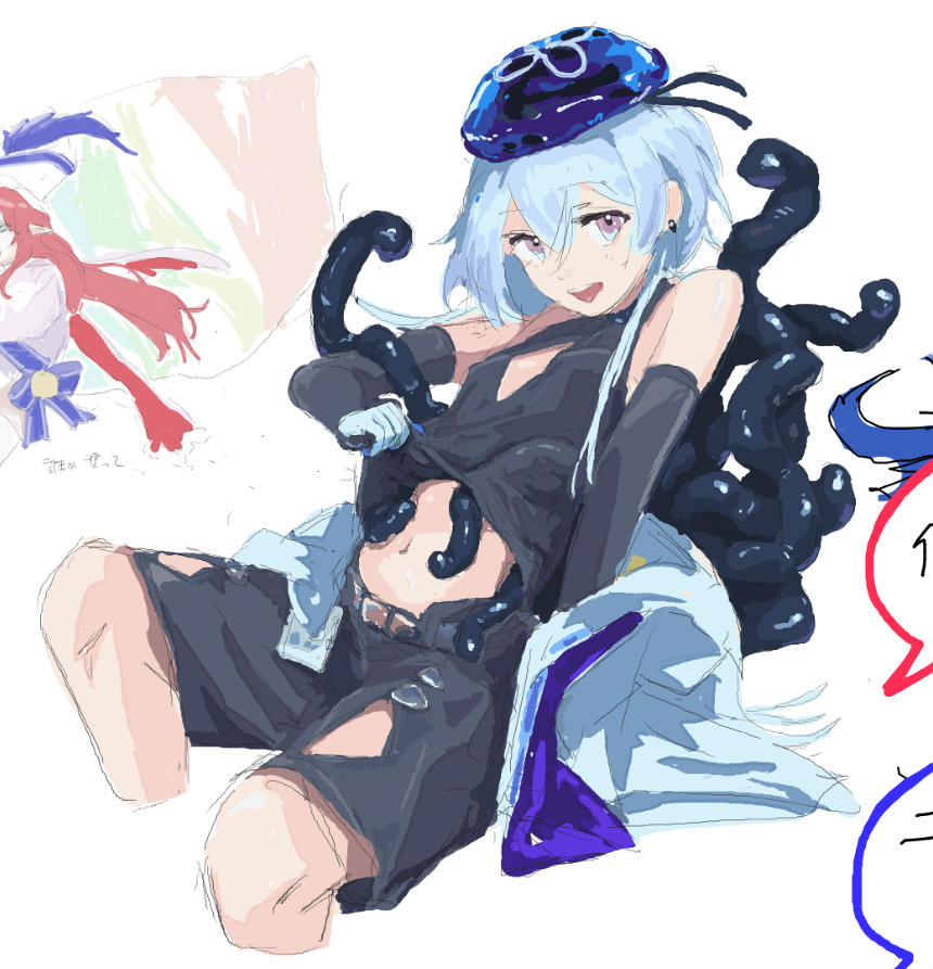 sakikov, mizuki (arknights), arknights, commentary request, 1boy, black shorts, blue hair, blue hat, clothing cutout, diamond cutout, gloves, hat, male focus, navel, open mouth, paint chat (medium), pink eyes, puffy male chest, shorts, simple background, solo, tentacles, white background