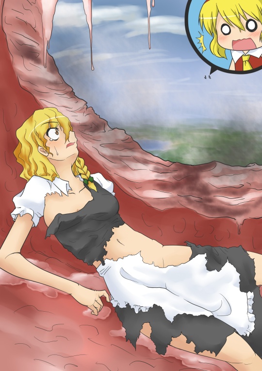 toritora, alice margatroid, hakurei reimu, kirisame marisa, touhou, bad id, bad pixiv id, 3girls, blonde hair, braid, cosplay, female focus, hakurei reimu (cosplay), japanese clothes, multiple girls, o o, torn clothes
