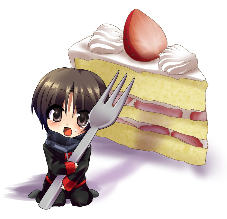 masayu, naoe riki, little busters!, bad id, bad pixiv id, 1boy, bob cut, brown eyes, brown hair, cake, chibi, food, fork, male focus, mini person, miniboy, oversized object, pastry, school uniform, short hair, solo, strawberry shortcake