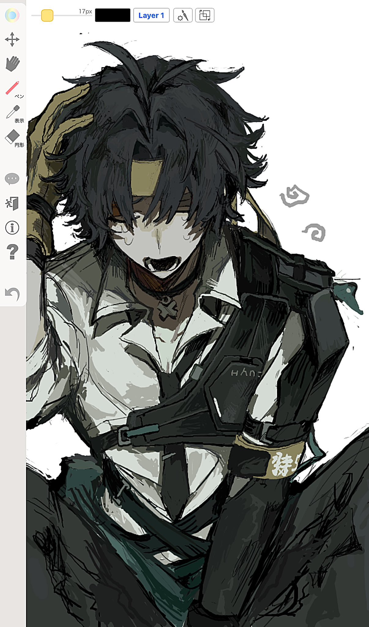 mizunako, asaba harumasa, zenless zone zero, commentary, highres, symbol-only commentary, 1boy, armor, art program in frame, black hair, black necktie, black pants, choker, closed eyes, clothes around waist, collarbone, gloves, hand on own head, headband, male focus, necktie, open mouth, pants, shirt, short hair, shoulder armor, sitting, sleeves rolled up, solo, sweat, white background, white shirt, yellow gloves, yellow headband