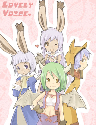 saya (lelulinna), aluette, gria, lili (ffta2), lovely voice, mayhew, prima donna, valentyne, final fantasy, final fantasy tactics a2, final fantasy tactics advance, silver hair, bad id, bad pixiv id, lowres, 4girls, animal ears, bare shoulders, blue eyes, blue hair, brown eyes, dragon girl, dragon horns, gloves, green hair, hat, heart, horns, jacket, long hair, midriff, monster girl, multiple girls, one eye closed, rabbit ears, short hair, smile, tail, vest, viera, wings, wink