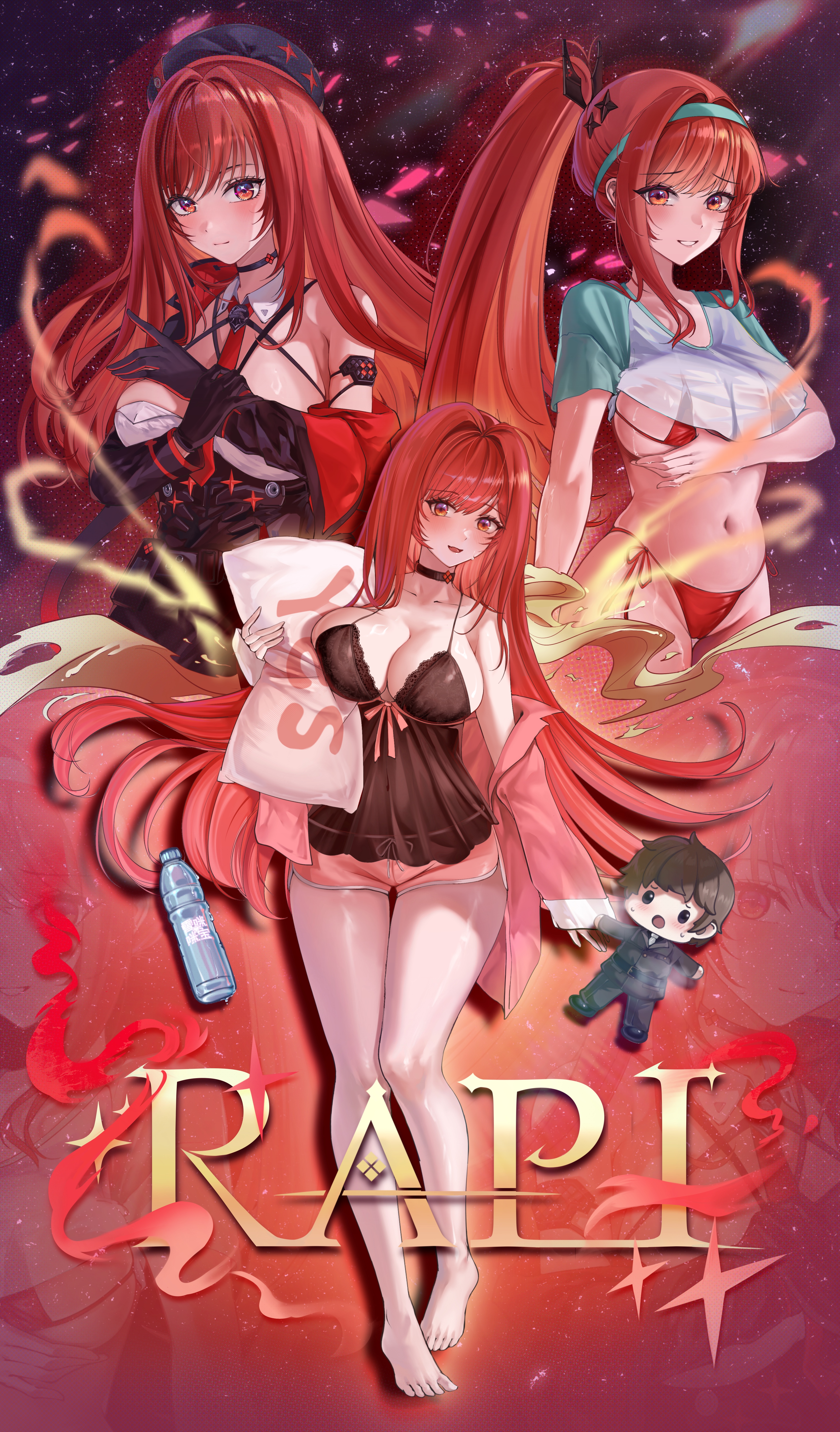 d plan, commander (nikke), rapi (nikke), rapi (red hood) (cherished red) (nikke), rapi (red hood) (nikke), rapi (red hood) (red flavor) (nikke), goddess of victory: nikke, absurdres, commentary, english commentary, highres, 1girl, aqua hairband, aqua sleeves, bare shoulders, barefoot, belt, belt pouch, beret, bikini, black belt, black choker, black gloves, black jacket, black nightgown, black skirt, blush, bottle, breasts, character doll, character name, choker, cleavage, closed mouth, clothes lift, collarbone, covered navel, detached collar, doll, dolphin shorts, full body, gloves, grin, hair between eyes, hair intakes, hairband, hat, holding, holding pillow, jacket, lace-trimmed nightgown, large breasts, long hair, looking at viewer, multiple persona, navel, necktie, nightgown, off shoulder, official alternate costume, official alternate hair color, official alternate hairstyle, open mouth, pillow, pink shorts, ponytail, pouch, red bikini, red eyes, red gloves, red hair, red necktie, see-through clothes, see-through shirt, shirt, shirt lift, short sleeves, shorts, side-tie bikini bottom, sideboob, sidelocks, single bare shoulder, skirt, sleepwear, smile, standing, stomach, strapless, strapless shirt, swimsuit, two-tone gloves, very long hair, water bottle, wet, wet clothes, wet shirt, white shirt, yes-no pillow