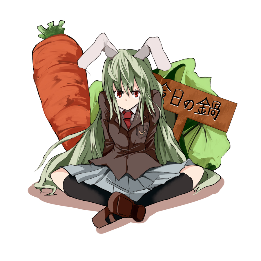mieharu, reisen udongein inaba, touhou, 1girl, alternate color, alternate hair color, animal ears, blazer, blunt bangs, cabbage, carrot, crossed legs, female focus, frown, green hair, hime cut, indian style, jacket, long hair, necktie, player 2, pleated skirt, rabbit ears, red eyes, shoes, sidelocks, sitting, skirt, socks, solo, very long hair