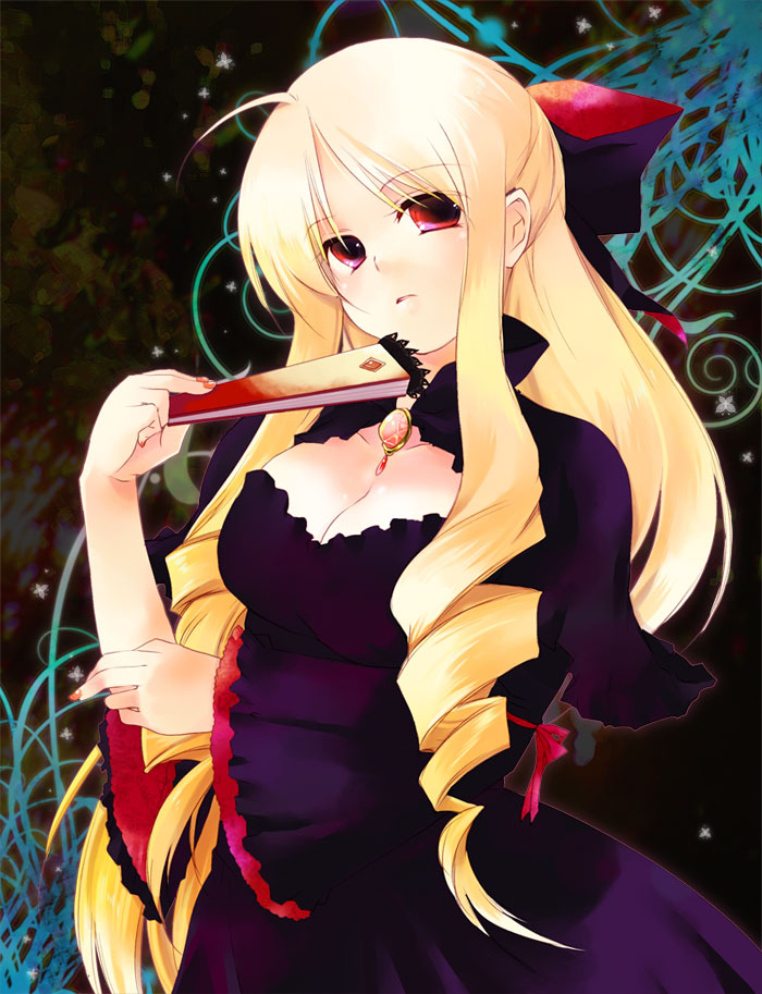 misaki kozue, tennousu athena, hayate no gotoku!, bad id, bad pixiv id, 00s, 1girl, ahoge, blonde hair, bow, breasts, cleavage, drill hair, female focus, hair bow, hand fan, large breasts, long hair, nail polish, orange nails, red eyes, solo