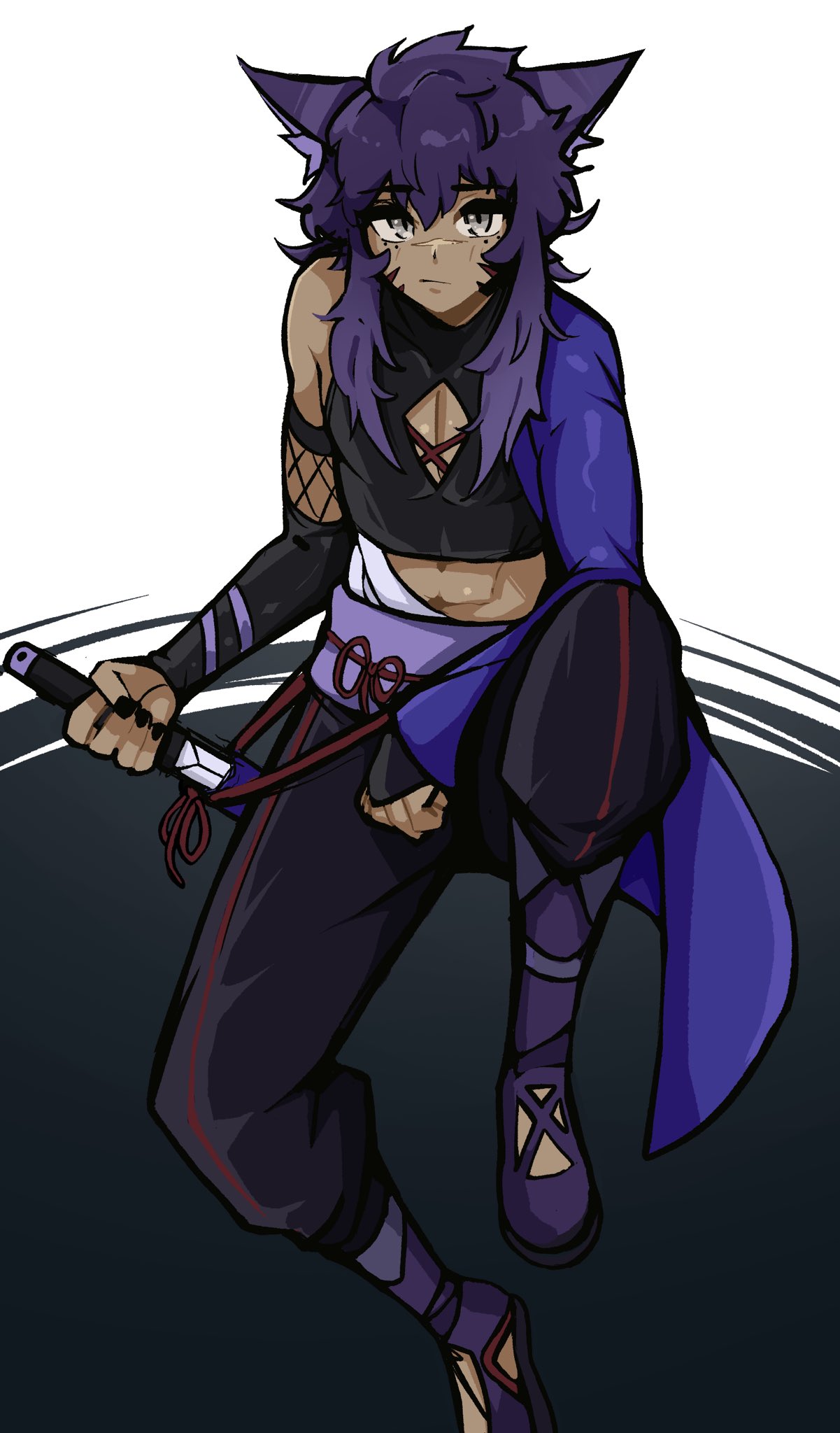 oninuer, indie virtual youtuber, character request, commentary, english commentary, highres, 1boy, animal ear fluff, animal ears, black nails, black pants, black shirt, blue cape, cape, closed mouth, detached sleeves, full body, grey eyes, holding, holding weapon, looking at viewer, male focus, midriff, mole, mole under eye, pants, purple hair, purple shoes, shirt, shoes, side cape, sidelocks, single bare shoulder, solo, two-tone background, virtual youtuber, weapon