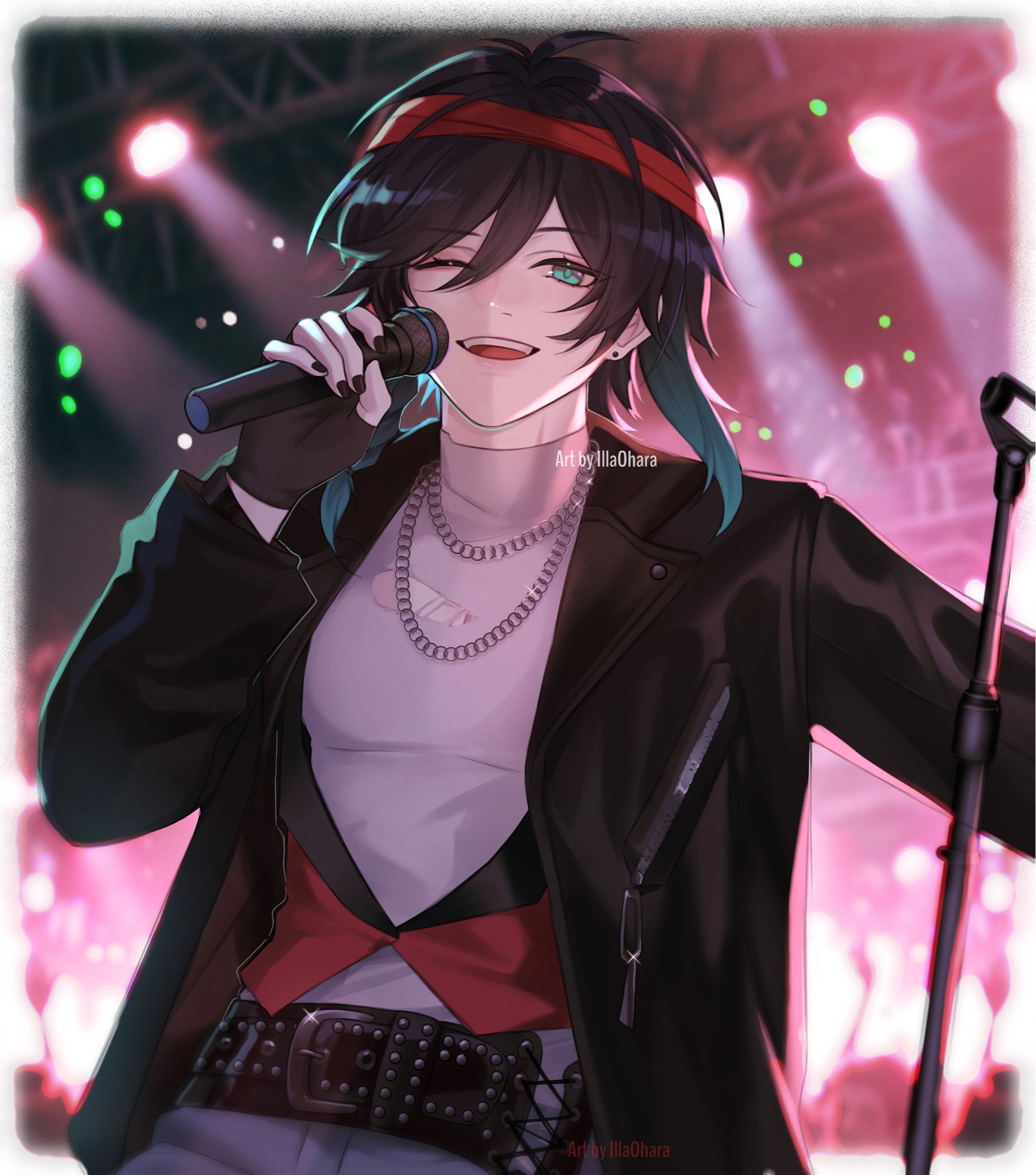 illa ohara, venti (genshin impact), genshin impact, highres, 1boy, aqua eyes, aqua hair, belt, black gloves, black hair, black jacket, black nails, braid, earrings, fingerless gloves, gloves, gradient hair, headband, holding, holding microphone, jacket, jewelry, long hair, long sleeves, male focus, microphone, multicolored hair, necklace, one eye closed, open mouth, red headband, red vest, shirt, smile, solo, vest, white shirt