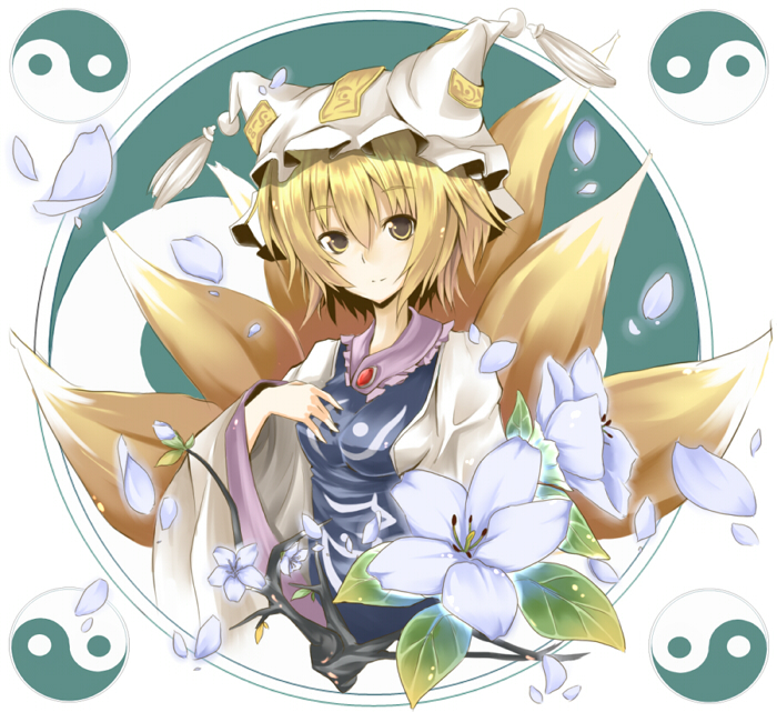 sasaki kouhei, yakumo ran, touhou, duplicate, 1girl, animal hat, blonde hair, female focus, flower, hat, long sleeves, mob cap, multiple tails, short hair, solo, tail, tassel, wide sleeves, yellow eyes, yin yang