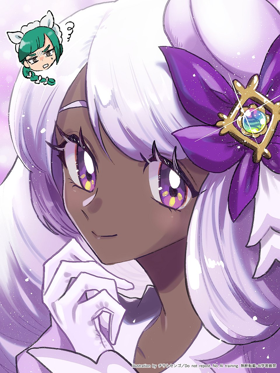 airagency1005, jacinthe (pokemon), lebanne (pokemon), nintendo, pokemon, pokemon legends: z-a, highres, 2girls, dark-skinned female, dark skin, eyelashes, fascinator, glint, gloves, green hair, hand up, head only, long hair, looking at viewer, maid headdress, mega stone, multiple girls, portrait, purple eyes, purple gloves, purple hair, smile, solo focus, sparkle, squiggle, very dark skin