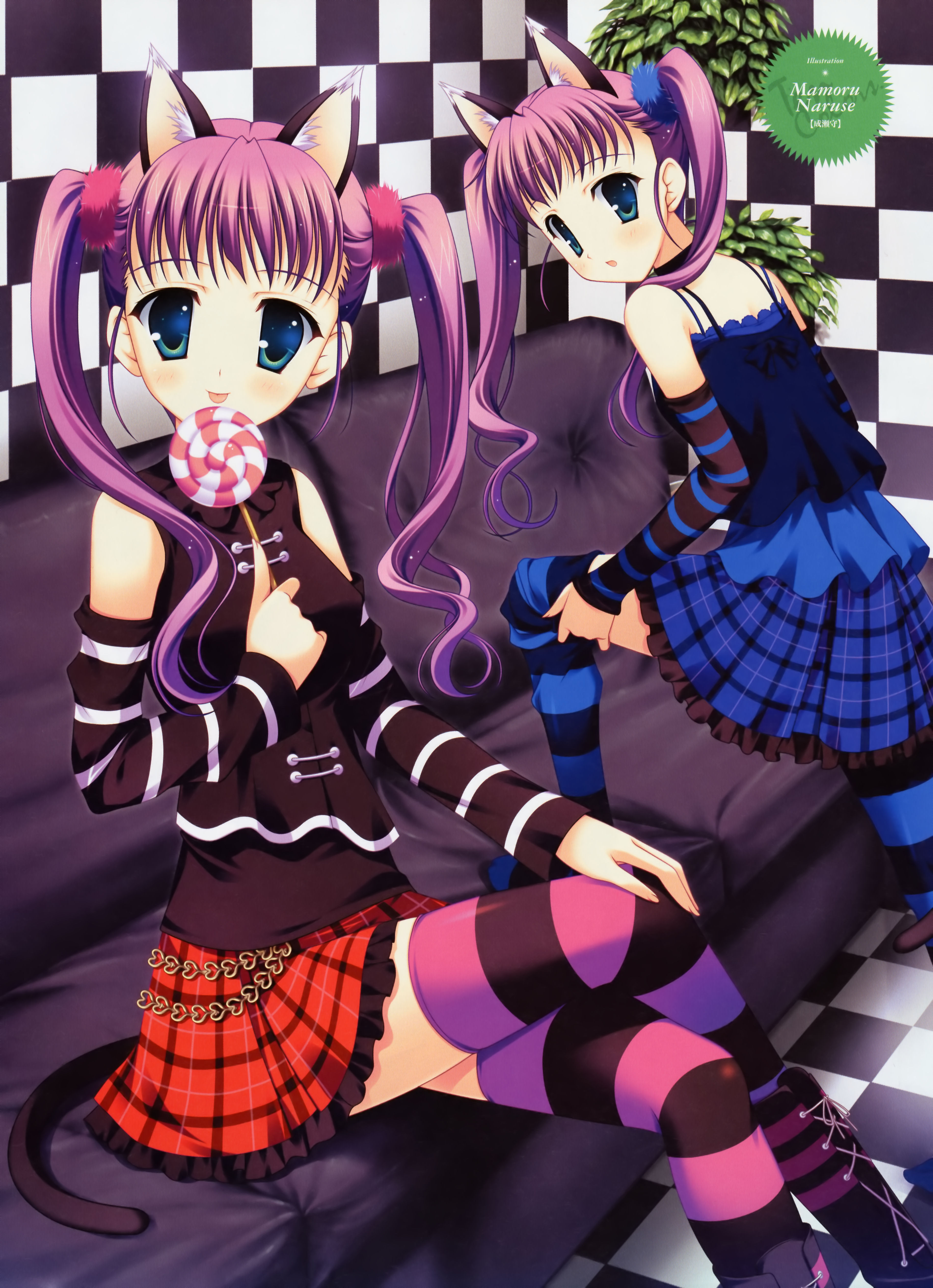 naruse mamoru, striped legwear, absurdres, character request, duplicate, highres, source request, 2girls, animal ears, arm warmers, blue eyes, candy, cat ears, food, lollipop, multiple girls, patterned legwear, plaid clothes, plaid skirt, purple hair, siblings, sisters, skirt, socks, striped clothes, striped thighhighs, swirl lollipop, thighhighs, twins, twintails