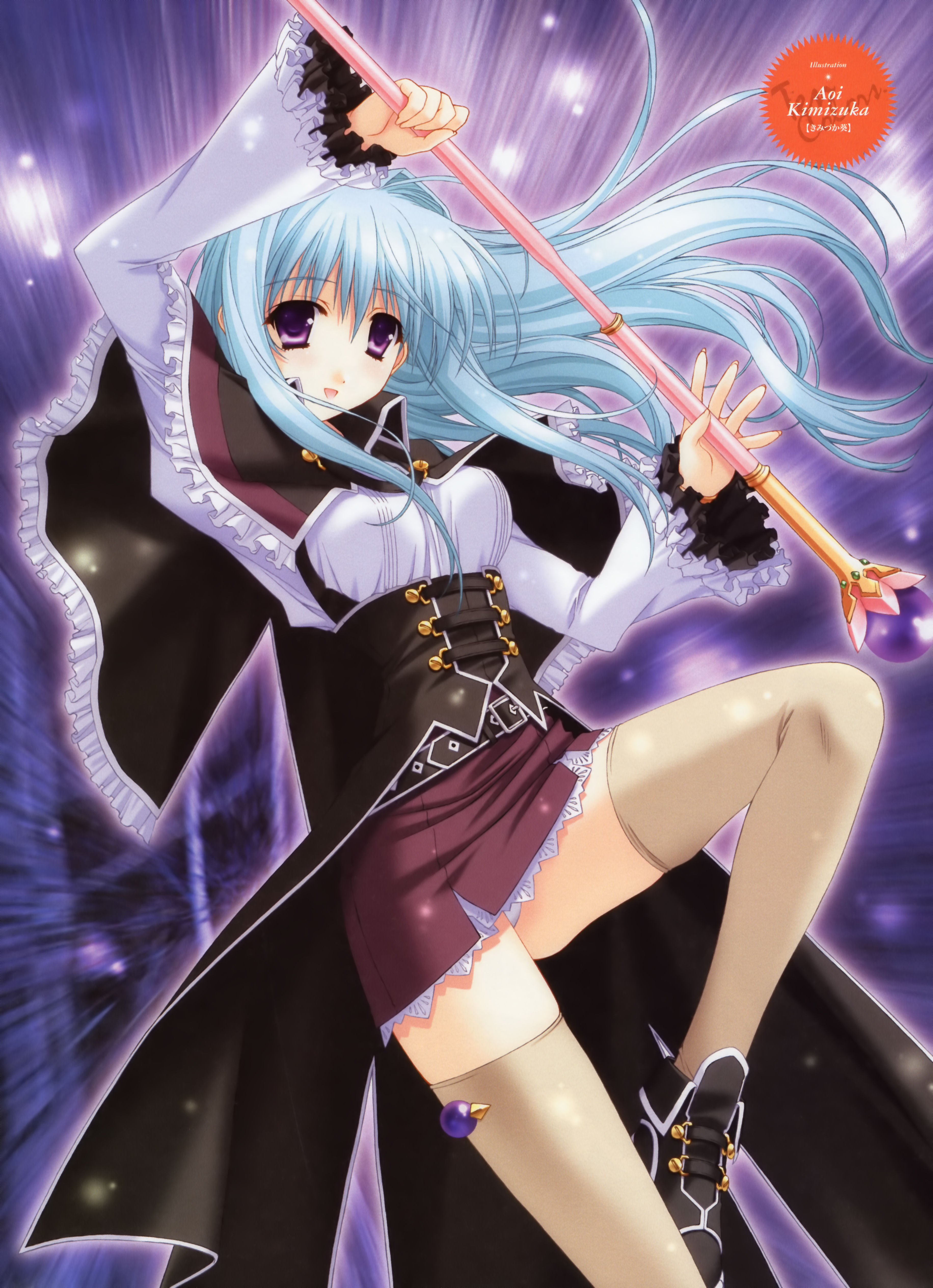 kimizuka aoi, absurdres, highres, 1girl, belt, blue hair, female focus, leg lift, long hair, miniskirt, pencil skirt, purple eyes, skirt, solo, thighhighs, wand, zettai ryouiki