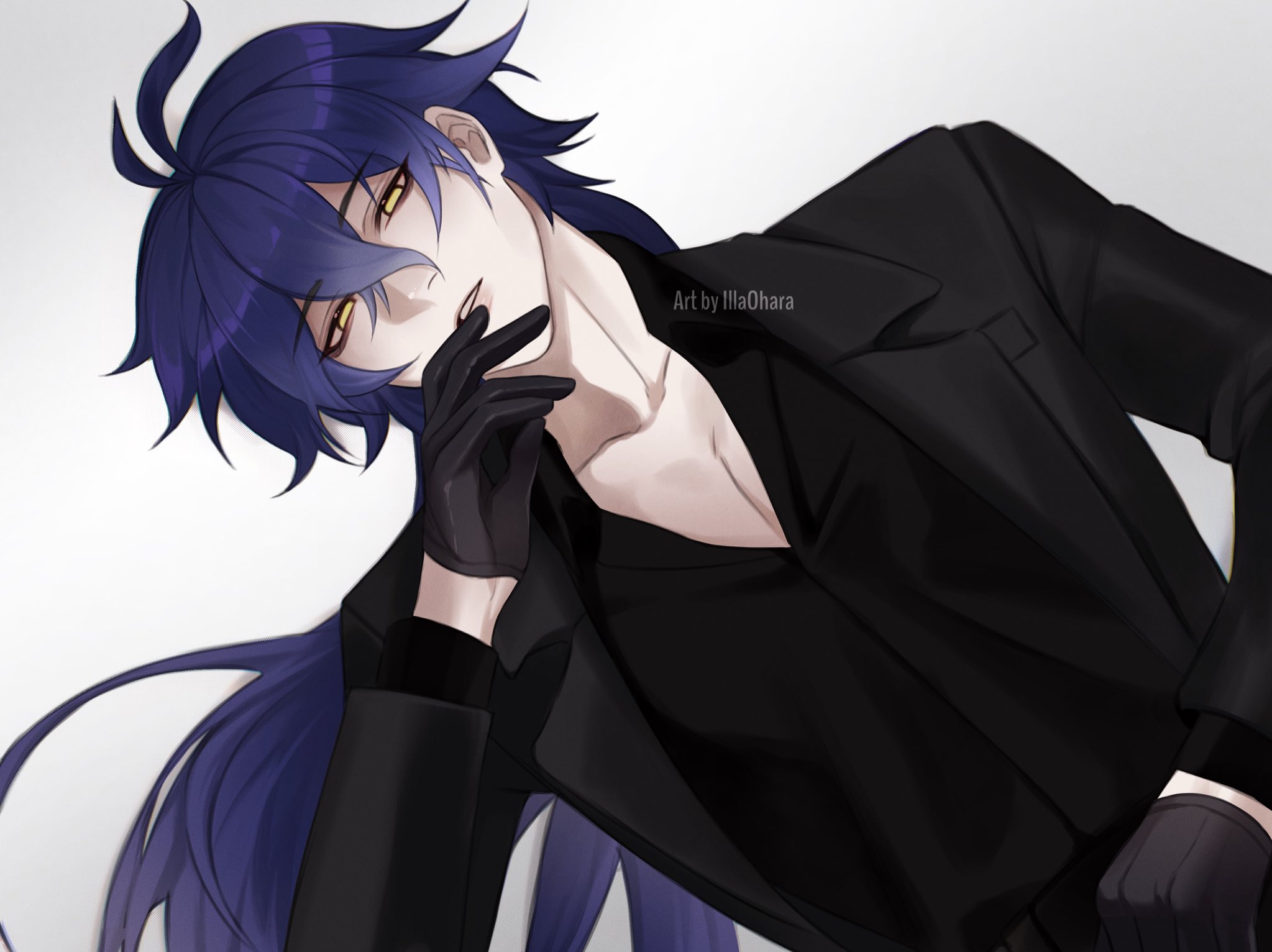 illa ohara, flins (genshin impact), genshin impact, highres, 1boy, black gloves, black jacket, black shirt, blue hair, gloves, gradient background, hair between eyes, jacket, long hair, long sleeves, male focus, shirt, solo, yellow eyes