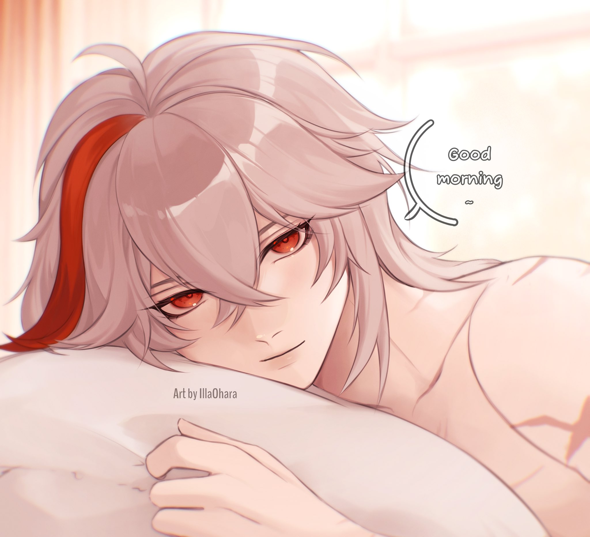 illa ohara, kaedehara kazuha, genshin impact, highres, 1boy, closed mouth, hair between eyes, long hair, looking at viewer, male focus, multicolored hair, red eyes, red hair, scar, scar on shoulder, solo, streaked hair, topless male, white hair