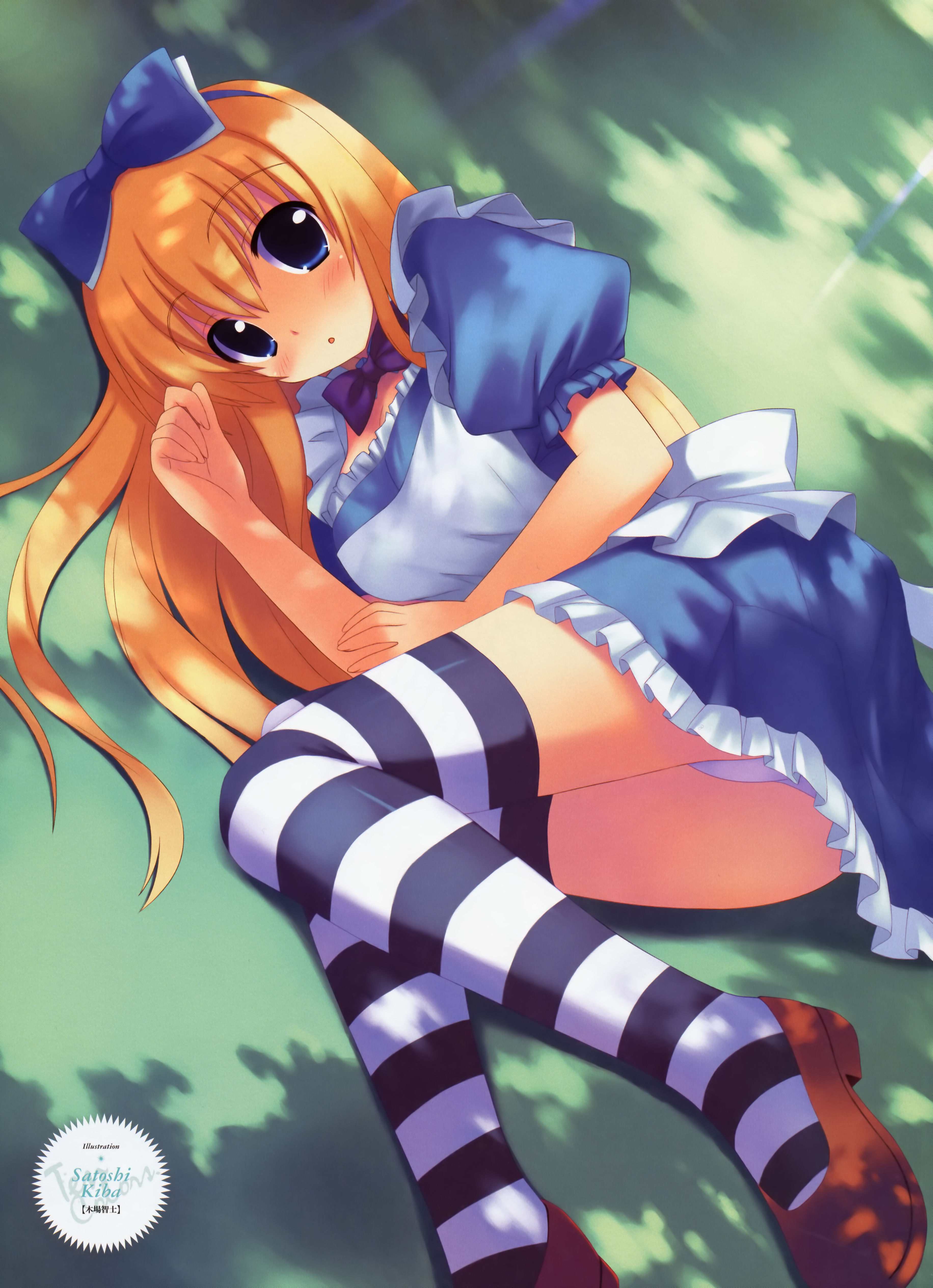 kiba satoshi, alice (alice in wonderland), alice's adventures in wonderland, absurdres, highres, 1girl, blonde hair, blue bow, blue eyes, bow, brown shoes, dappled sunlight, dress, female focus, lying, panties, shoes, socks, solo, striped clothes, striped socks, striped thighhighs, sunlight, thighhighs, underwear