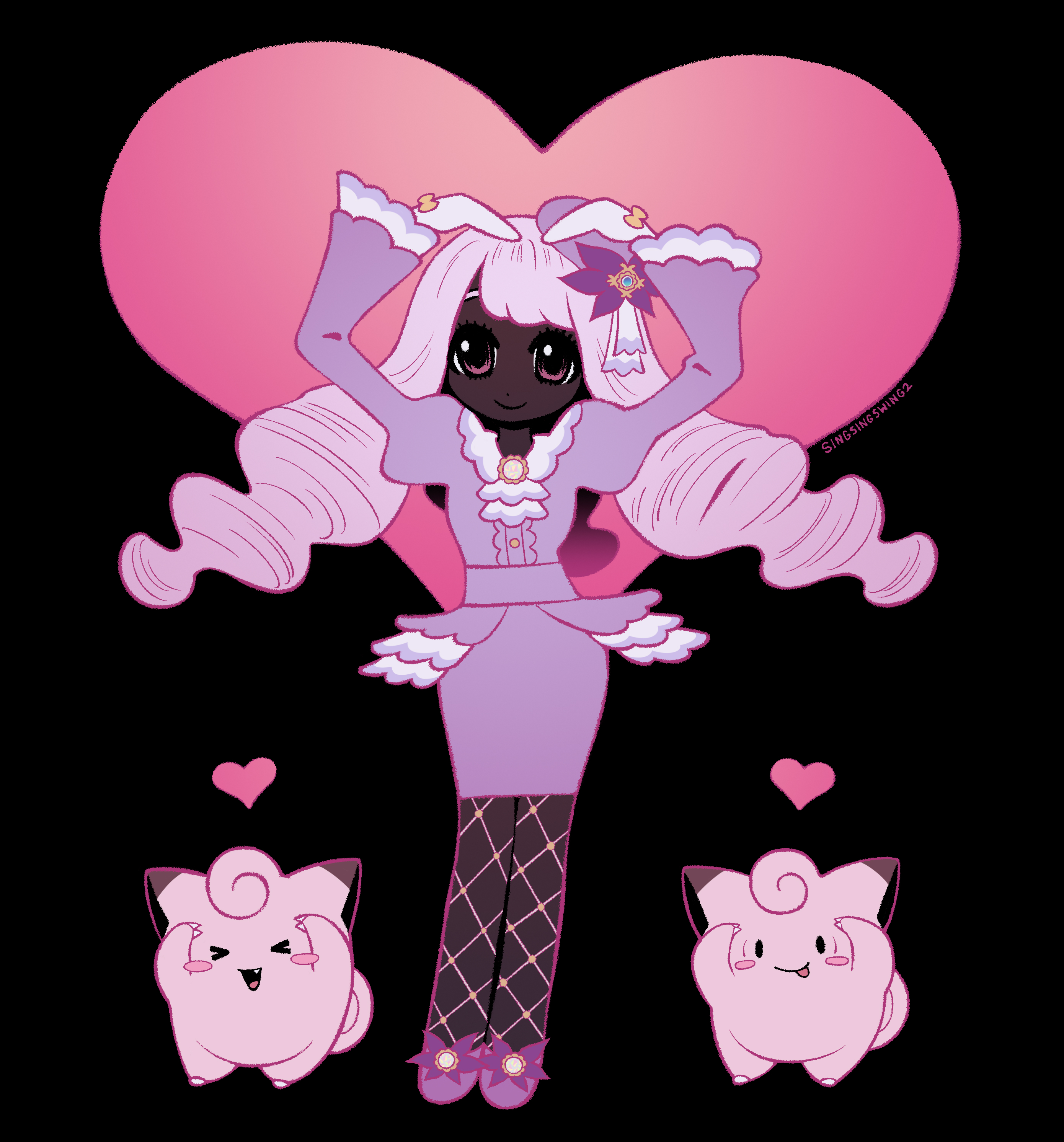 singsingswing2, clefairy, jacinthe (pokemon), nintendo, pokemon, pokemon legends: z-a, absurdres, highres, > <, 1girl, arms up, ascot, black background, bow, brooch, center frills, closed eyes, dark-skinned female, dark skin, dress, fascinator, fishnet pantyhose, fishnets, frilled ascot, frills, full body, gen 1 pokemon, glove bow, gloves, hair ornament, heart, heart arms, heart background, jewelry, juliet sleeves, long sleeves, looking at viewer, low drills, mega stone, pantyhose, pencil dress, pokemon (creature), puffy sleeves, purple dress, purple eyes, purple hair, smile, standing, very dark skin, white gloves, yellow bow