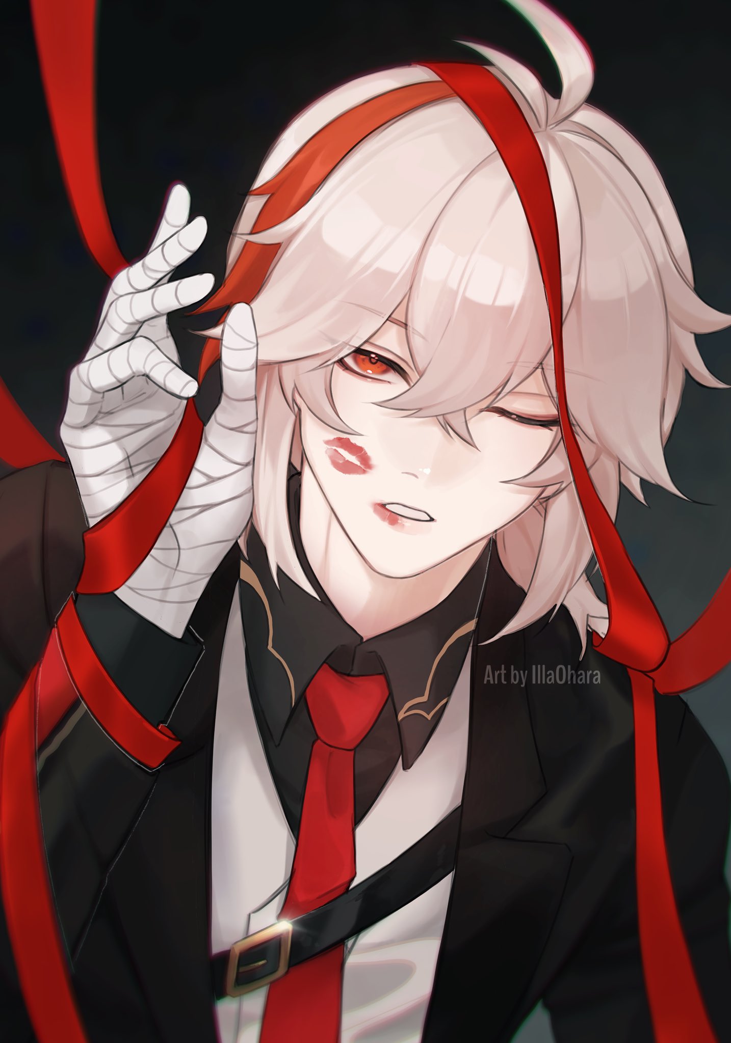 illa ohara, kaedehara kazuha, genshin impact, highres, 1boy, alternate costume, bandaged hand, bandages, black jacket, black shirt, black suit, formal clothes, hair between eyes, jacket, lips, long hair, male focus, multicolored hair, necktie, one eye closed, red eyes, red hair, red necktie, red ribbon, ribbon, shirt, solo, streaked hair, suit, vest, white hair, white vest