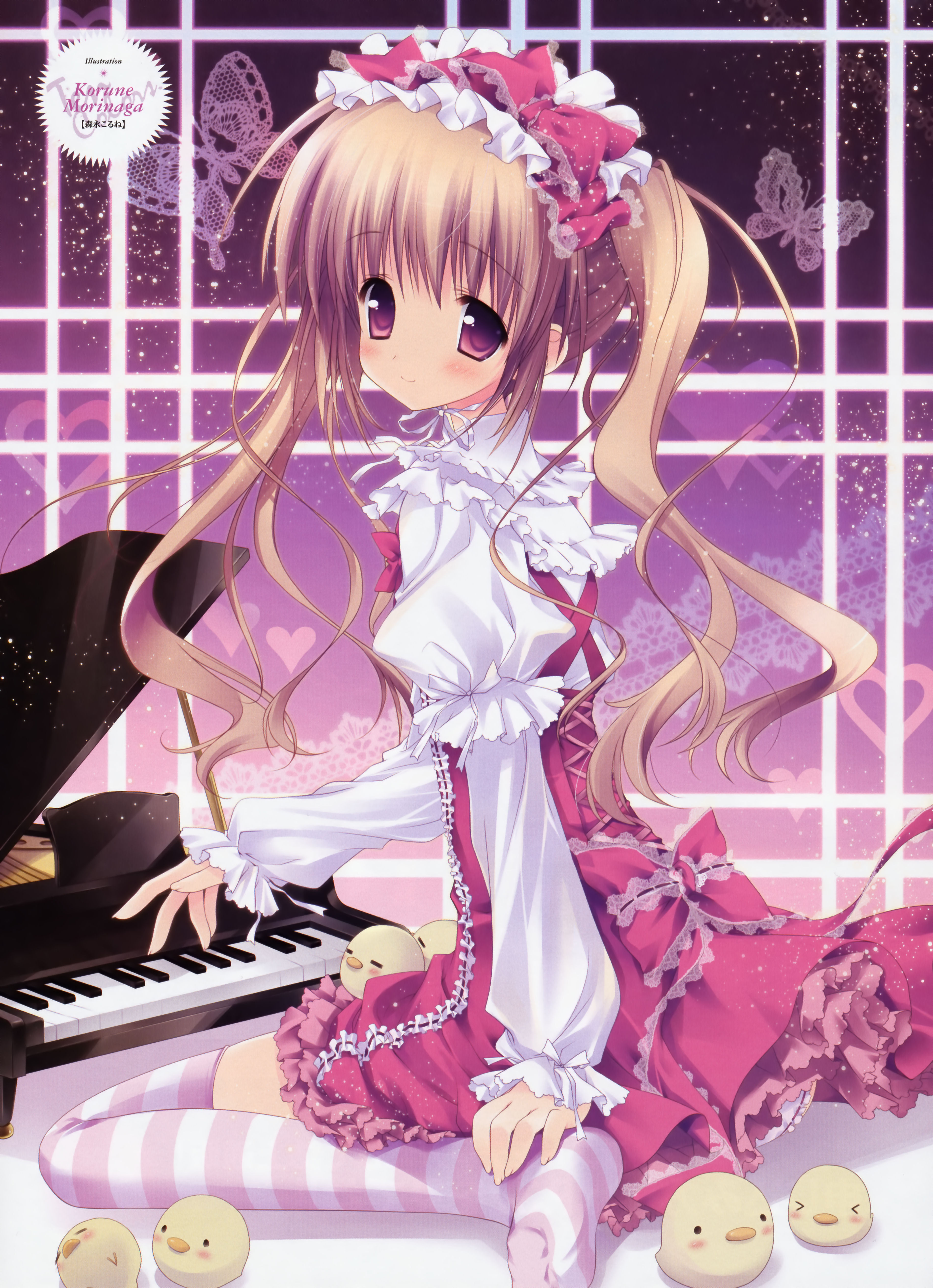 morinaga korune, absurdres, highres, 1girl, blonde hair, dress, female focus, hairband, instrument, lingerie, lolita fashion, lolita hairband, petticoat, piano, pink eyes, socks, solo, striped clothes, striped socks, striped thighhighs, thighhighs, toy piano, twintails, underwear