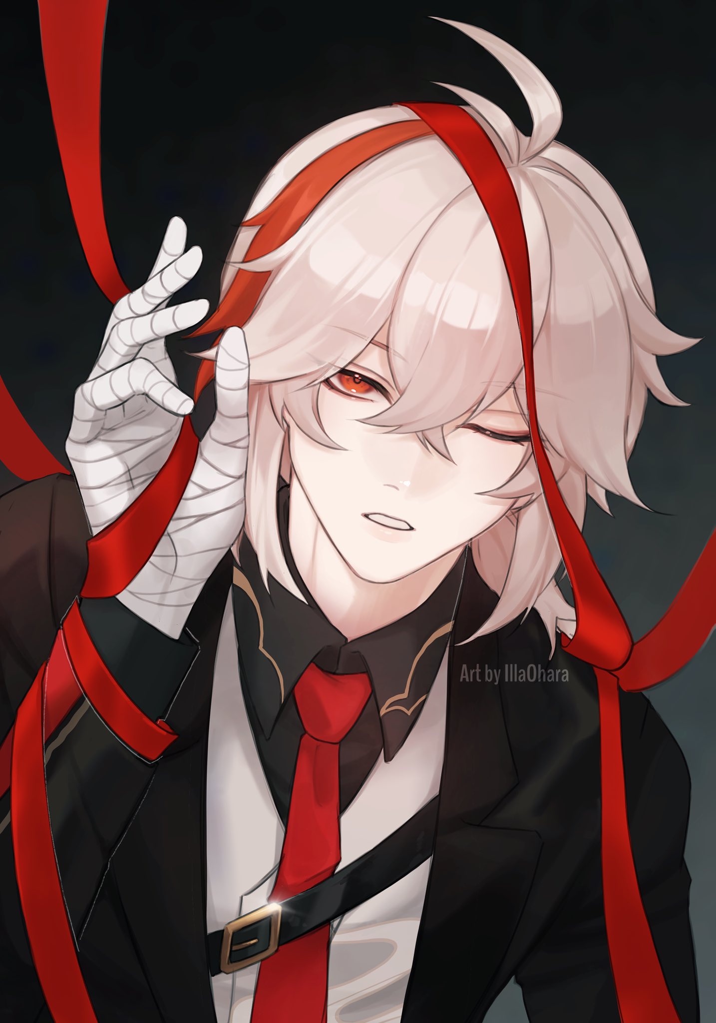 illa ohara, kaedehara kazuha, genshin impact, highres, 1boy, alternate costume, bandaged hand, bandages, black jacket, black shirt, black suit, formal clothes, hair between eyes, jacket, long hair, male focus, multicolored hair, necktie, one eye closed, red eyes, red hair, red necktie, red ribbon, ribbon, shirt, solo, streaked hair, suit, vest, white hair, white vest
