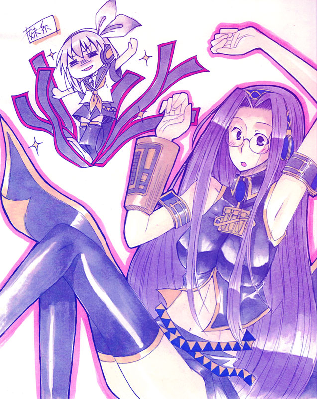 miyanami yuuki, asakawa yuu, kagamine rin, matou sakura, medusa (fate), medusa (rider) (fate), megurine luka, fate/stay night, fate (series), vocaloid, bad id, bad pixiv id, traditional media, 00s, 2girls, armpits, breasts, crossover, glasses, large breasts, long hair, multiple girls, purple hair, thighhighs, very long hair, voice actor connection