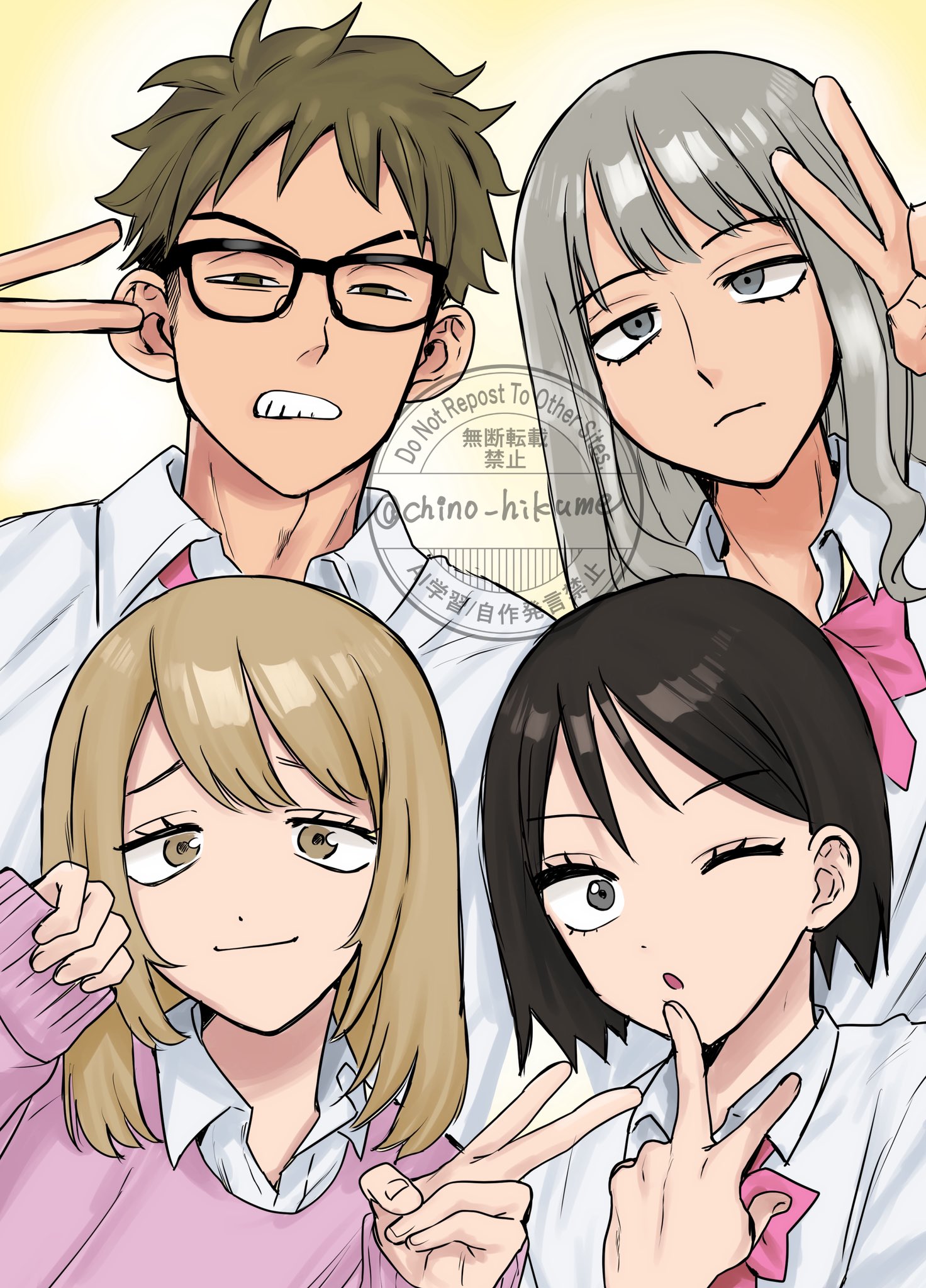 chino hikume, mizuo haruichi, protocol. (futsuu no keion-bu), taguchi ryuuya, takami kouki, tohno gen, futsuu no keion-bu, commentary request, highres, 4boys, :o, alternate hair length, alternate hairstyle, black-framed eyewear, black hair, bow, bowtie, brown eyes, brown hair, clenched teeth, collared shirt, crossdressing, crossdressing (mtf), eyebrow cut, furrowed brow, glasses, grey eyes, grey hair, half-closed eyes, long hair, male focus, multiple boys, one eye closed, parted lips, pink bow, pink bowtie, pink sweater, shirt, single sleeve past wrist, sweater, teeth, trap, twitter username, upper body, v, watermark, white shirt