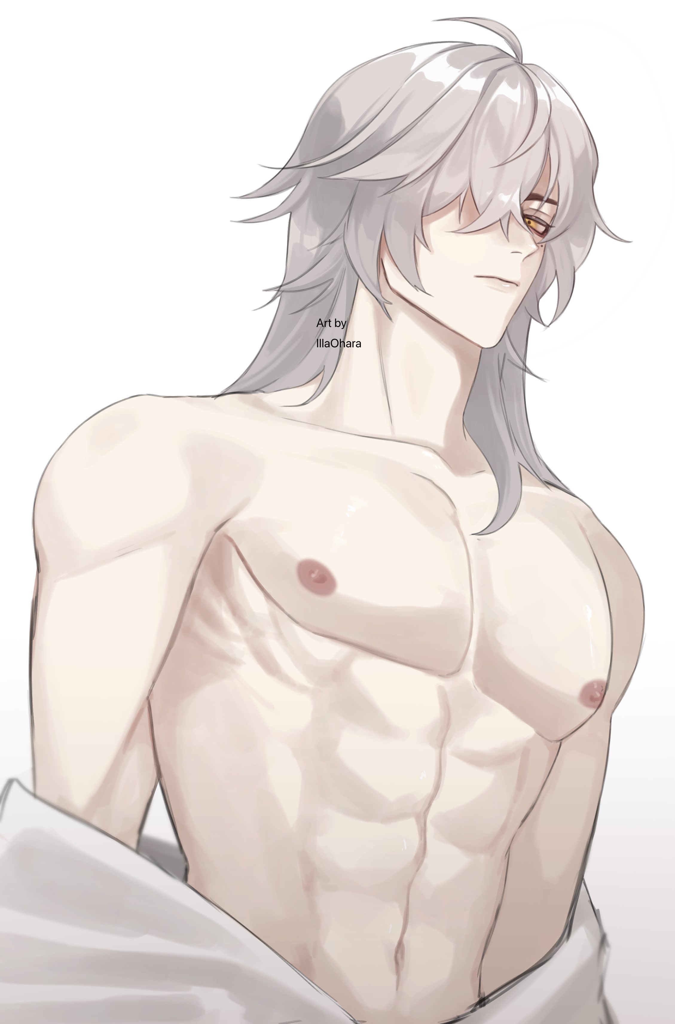 illa ohara, jing yuan, honkai: star rail, honkai (series), absurdres, highres, 1boy, abs, closed mouth, grey hair, hair over one eye, long hair, male focus, mole, mole under eye, muscular, muscular male, navel, nipples, open clothes, open shirt, solo, stomach, topless male, white background, yellow eyes
