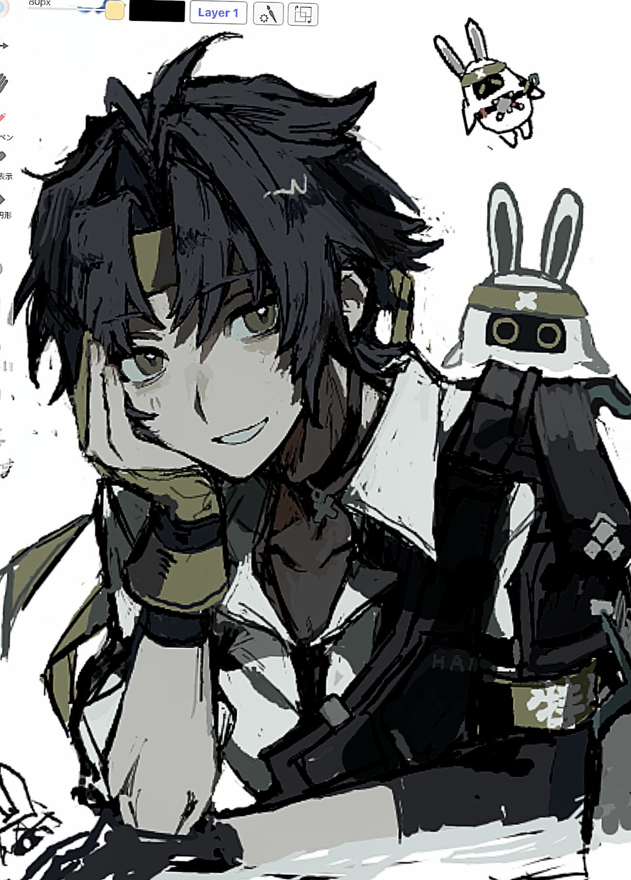mizunako, asaba harumasa, asaboo (zenless zone zero), bangboo (zenless zone zero), zenless zone zero, commentary request, highres, 1boy, 1other, armor, art program in frame, asymmetrical gloves, black gloves, black hair, black necktie, blush, choker, collarbone, gloves, half gloves, hand on own face, headband, looking at viewer, male focus, mismatched gloves, necktie, parted bangs, shirt, short hair, shoulder armor, single half glove, sleeves rolled up, smile, white background, white shirt, yellow eyes, yellow gloves, yellow headband